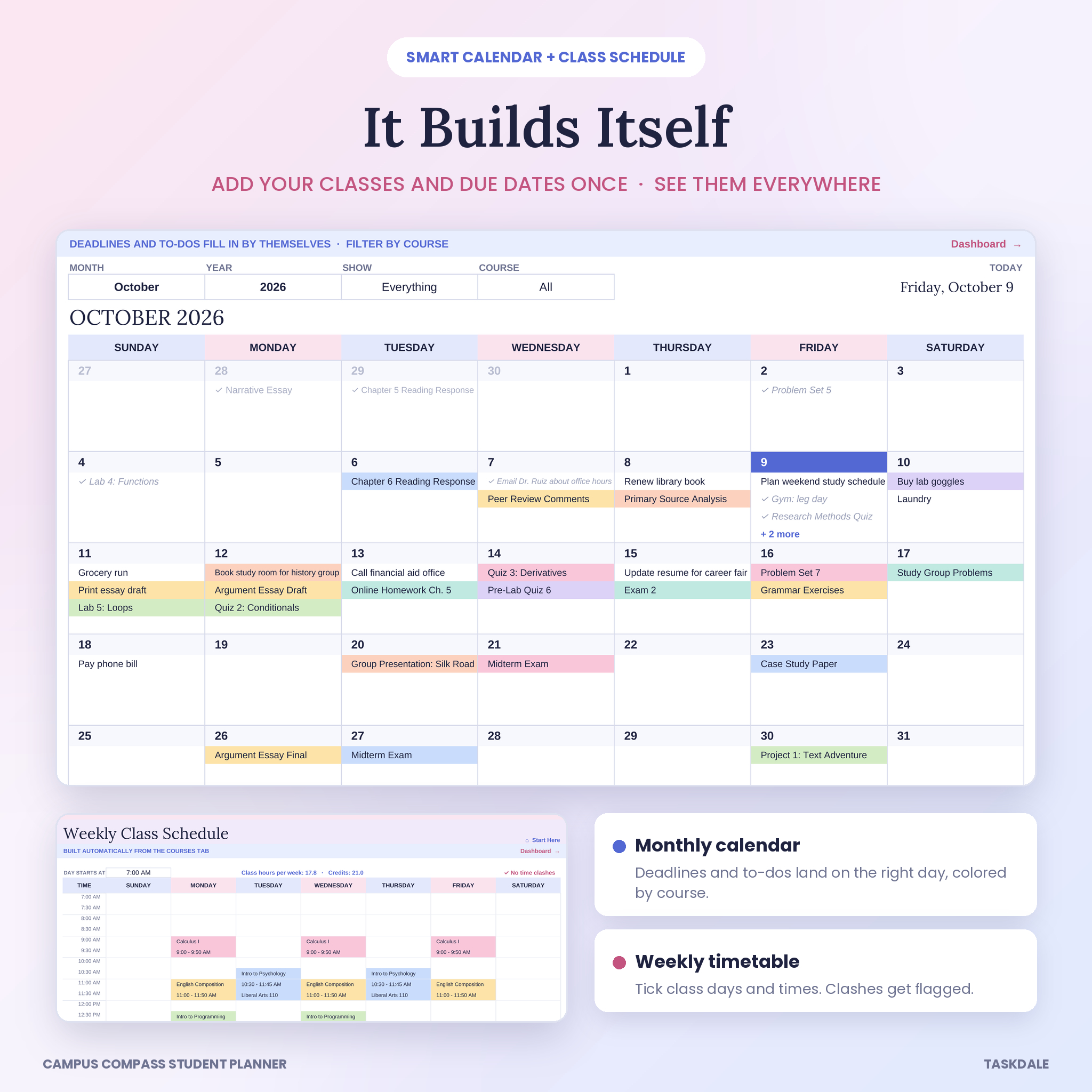 Smart calendar and weekly class schedule built from courses