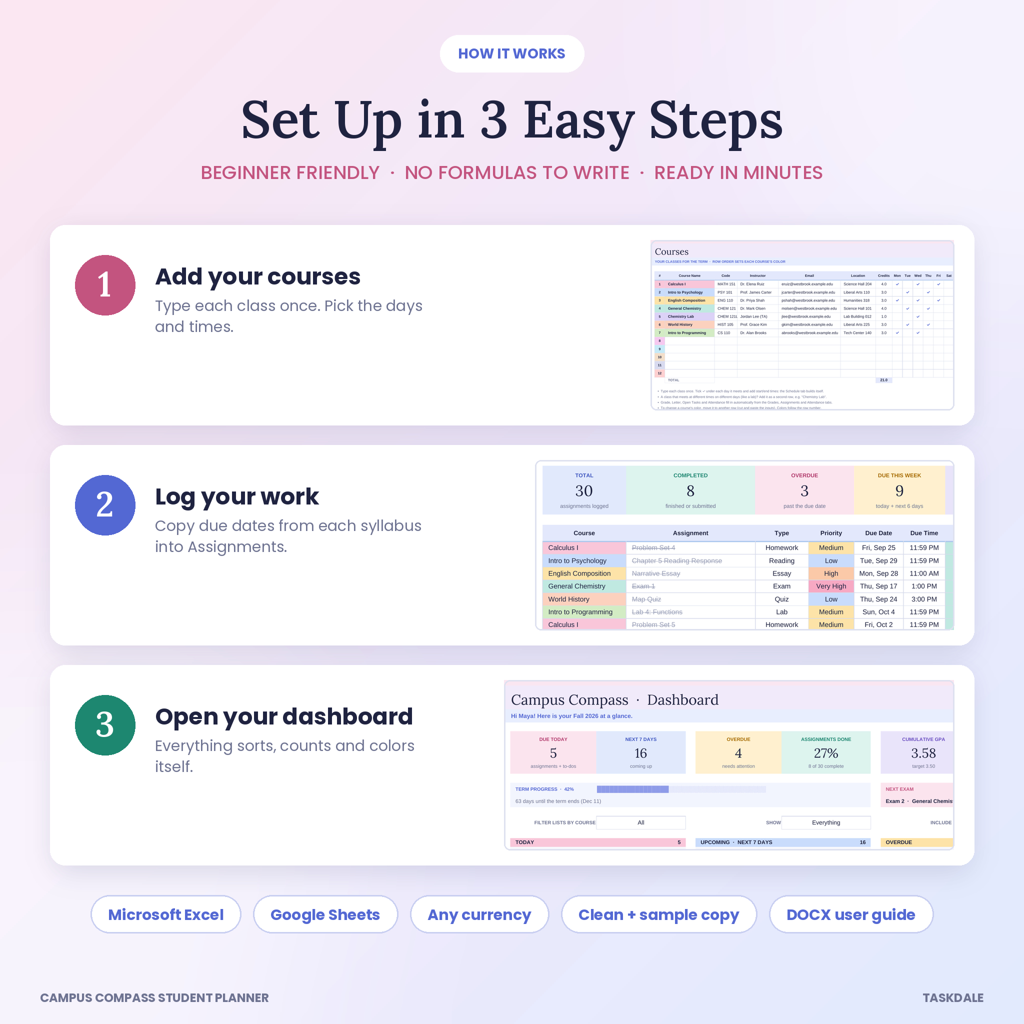 How the student planner works in 3 steps, Excel and Google Sheets
