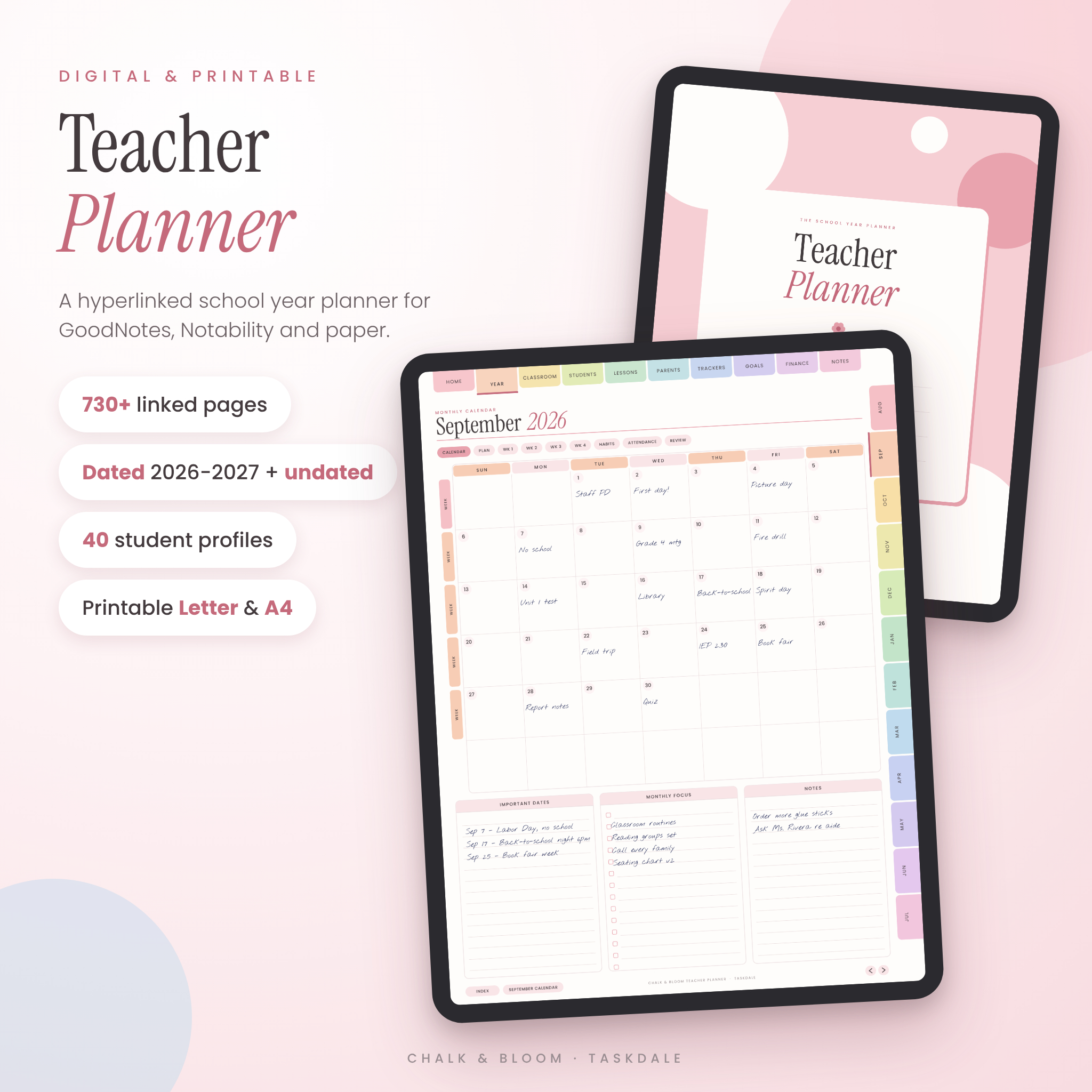 Digital teacher planner on iPad with hyperlinked September calendar