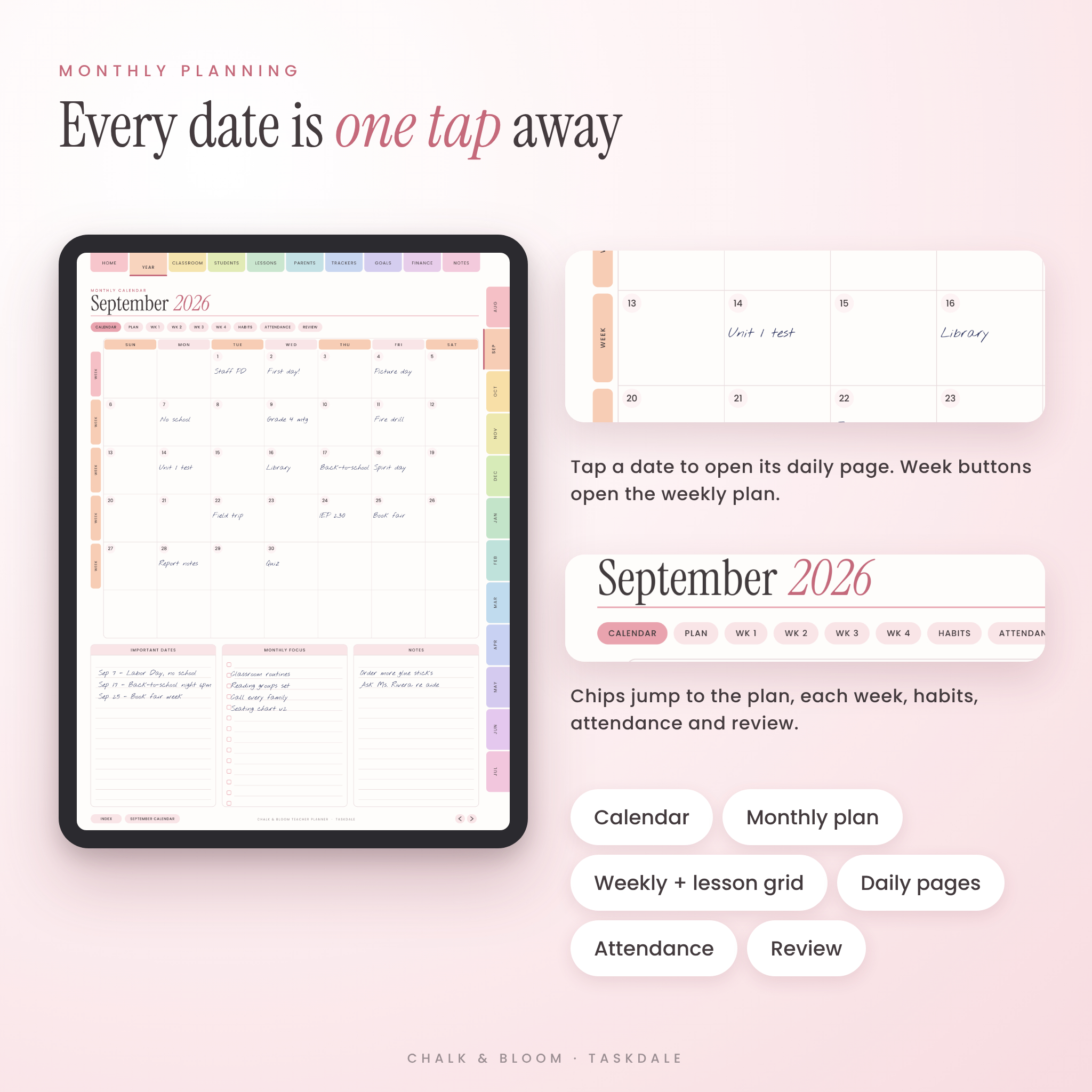 Monthly calendar where every date links to a daily page