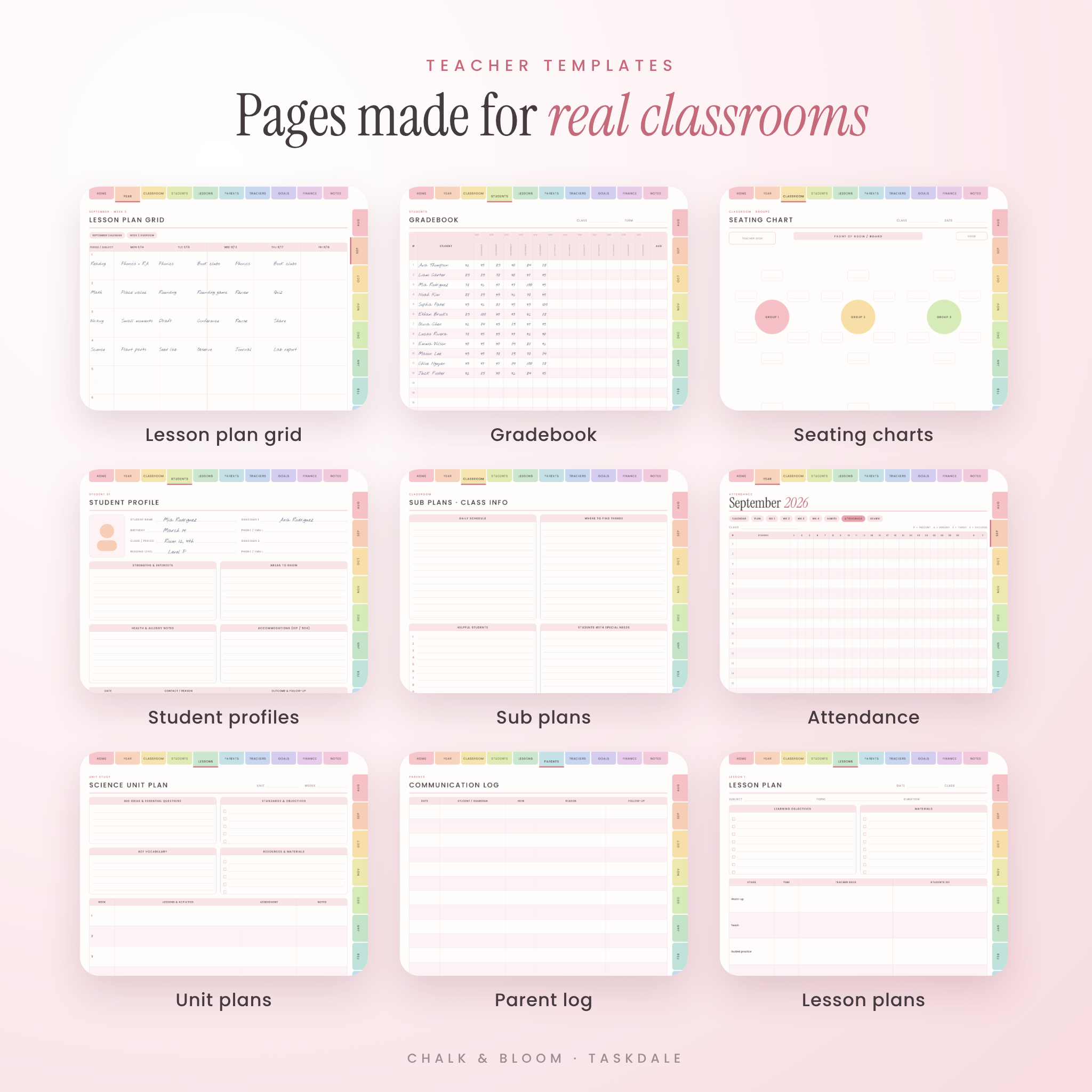 Teacher templates: lesson plan grid, gradebook, seating chart, student profile