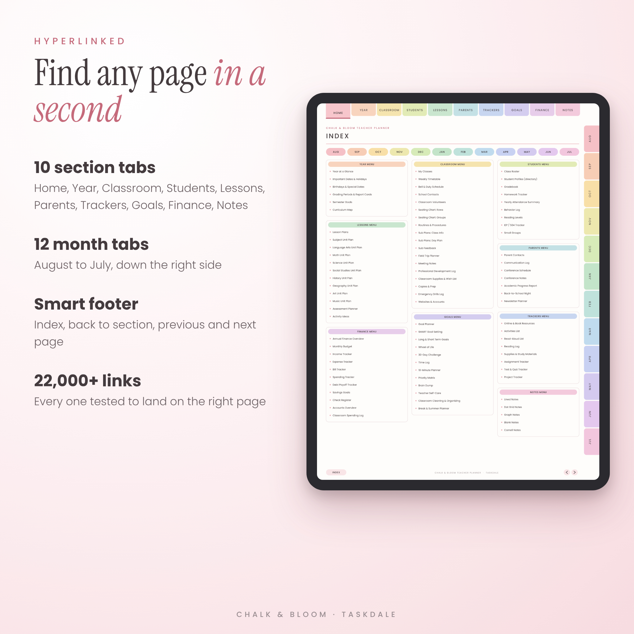 Hyperlinked index and section tabs in the digital teacher planner