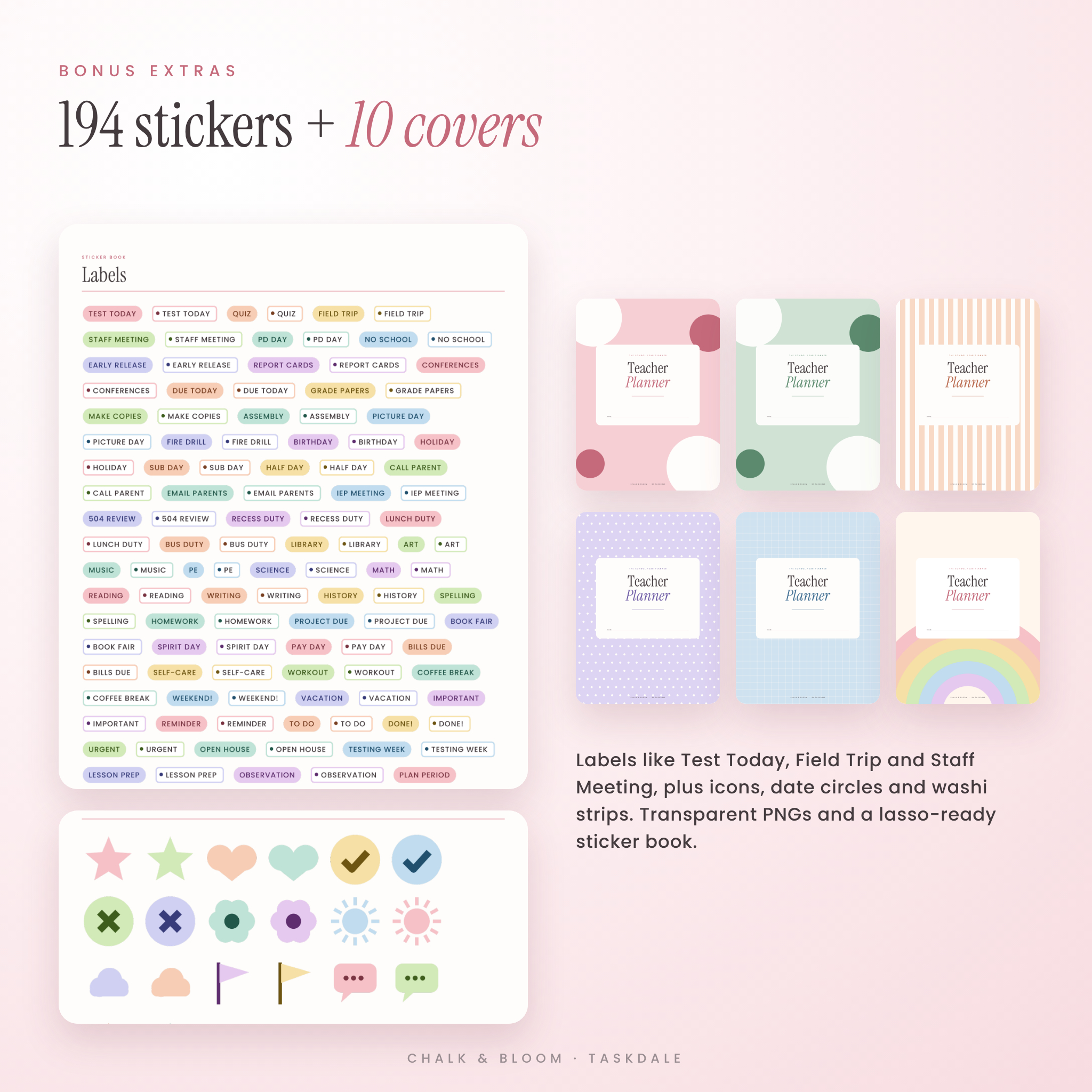 Bonus teacher stickers and 10 alternative planner covers
