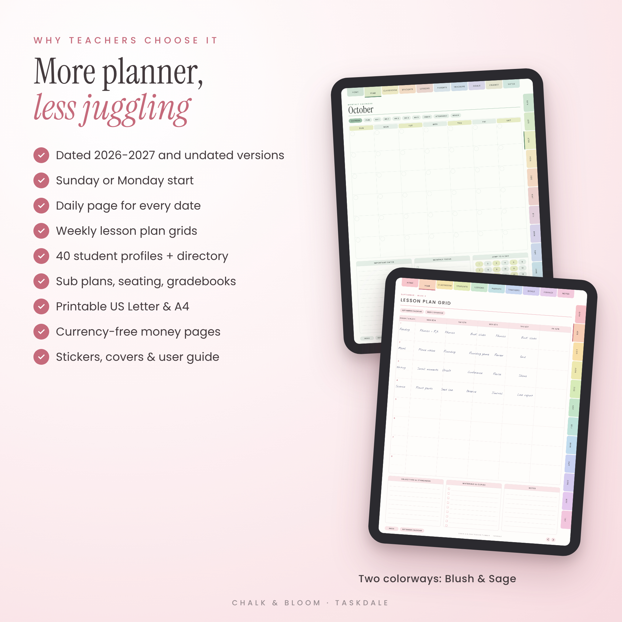 Why teachers choose it: dated and undated, Blush and Sage colorways