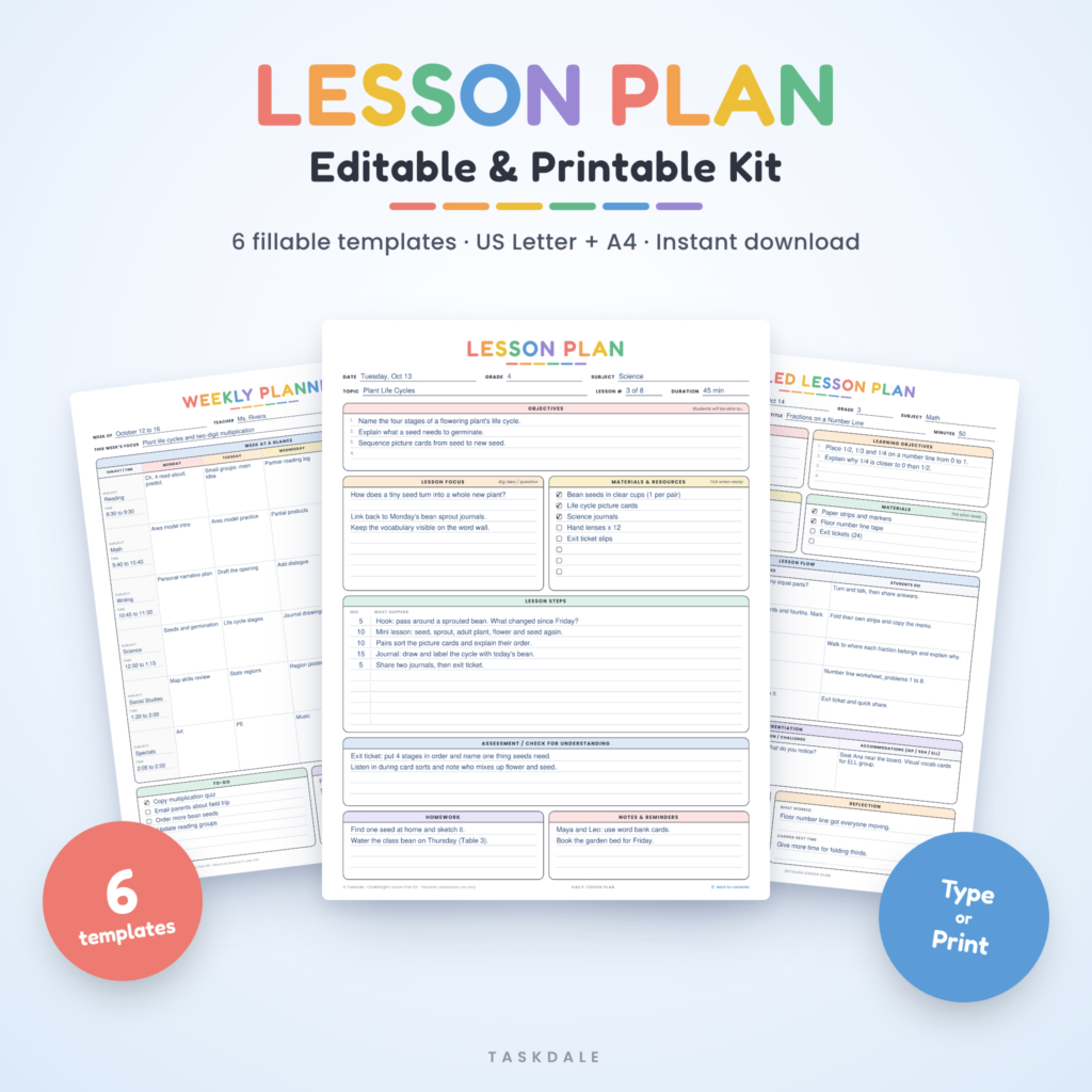 Editable lesson plan template kit with daily, detailed and weekly lesson plan pages