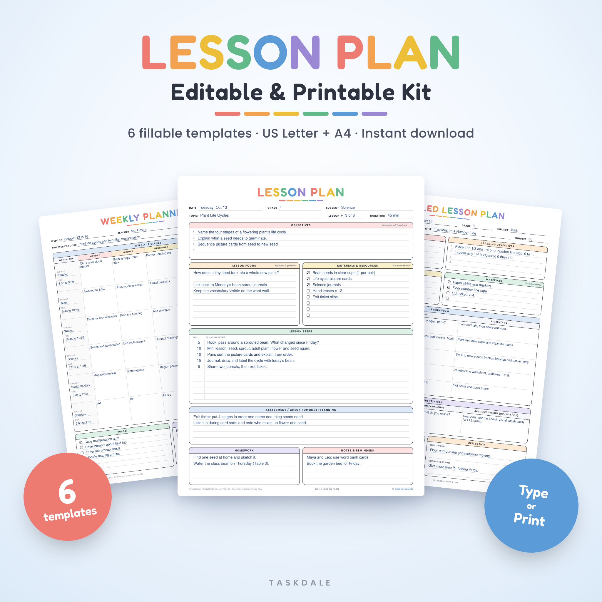 Editable lesson plan template kit with daily, detailed and weekly lesson plan pages