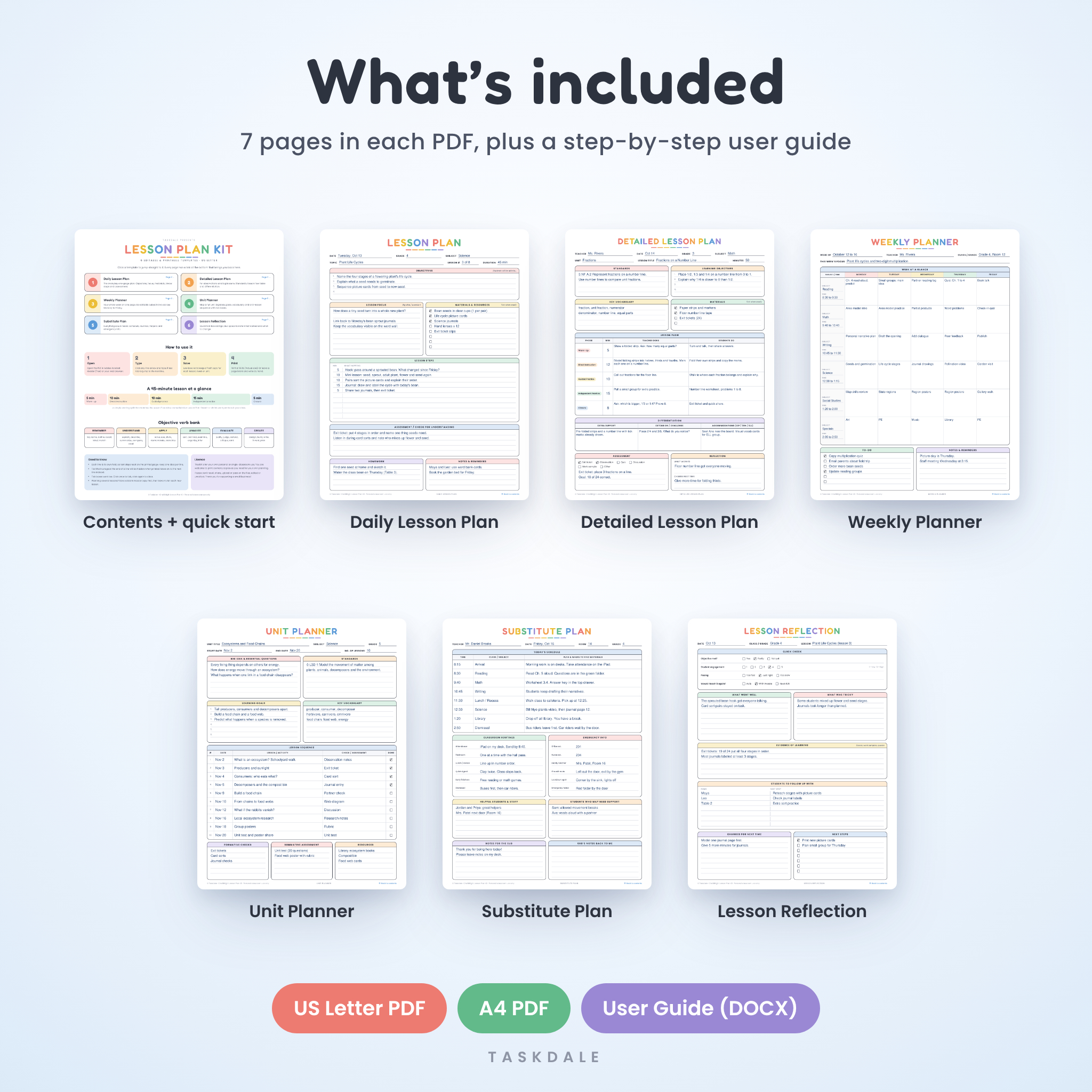 What is included in the lesson plan kit: seven pages in US Letter and A4 plus a user guide