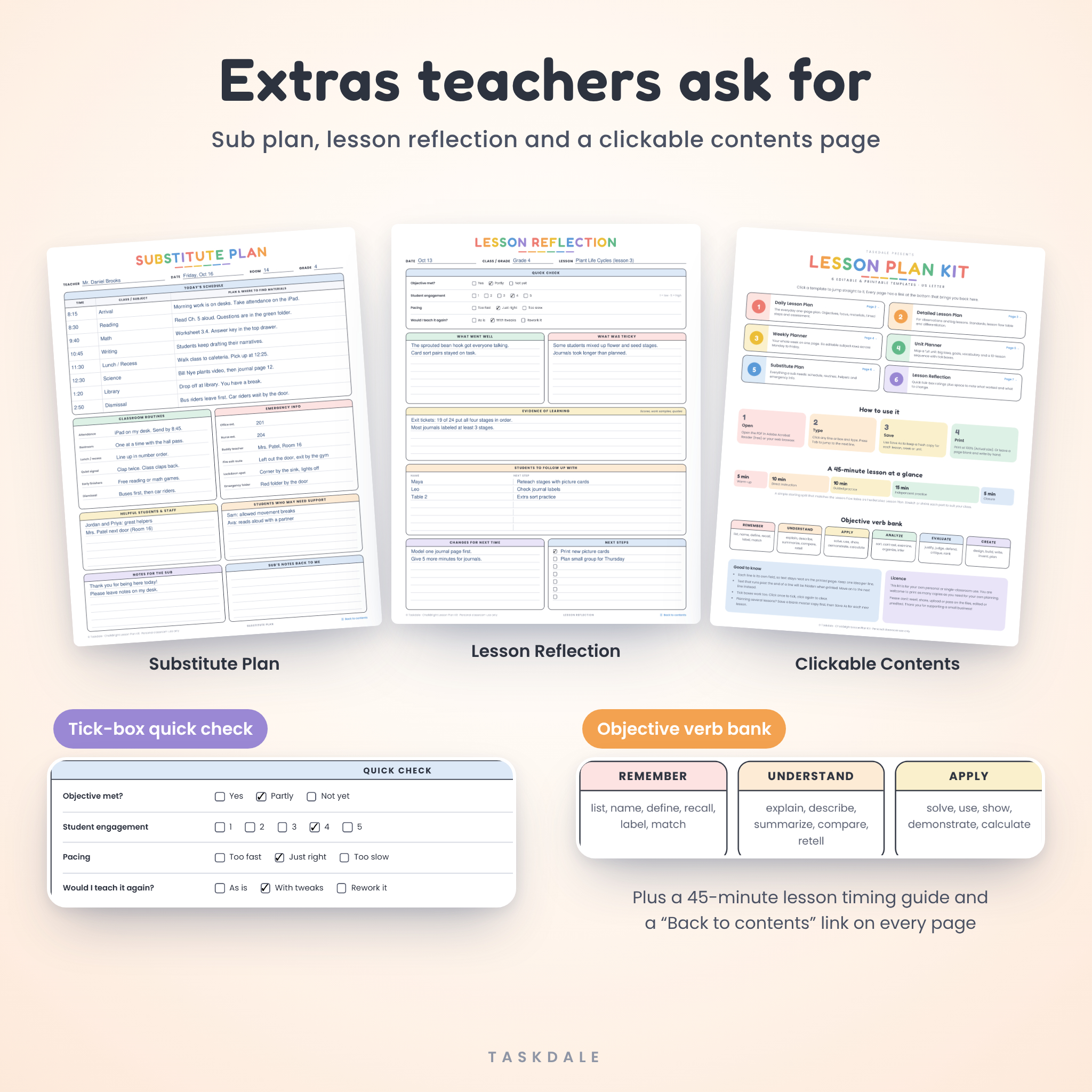 Substitute plan, lesson reflection and clickable contents page