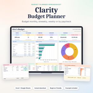 Clarity Budget Planner spreadsheet shown on a laptop with the dashboard open