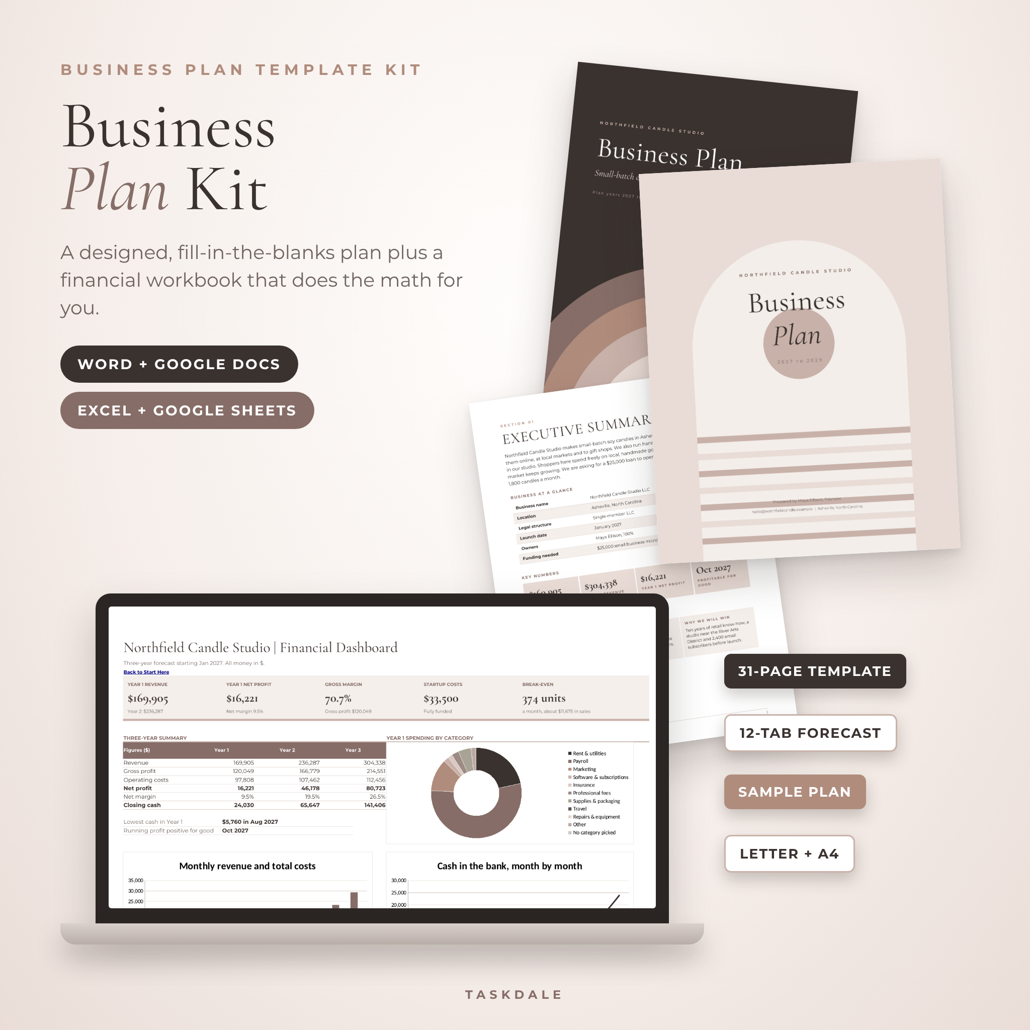 Business plan template kit with Word template and Excel financial forecast