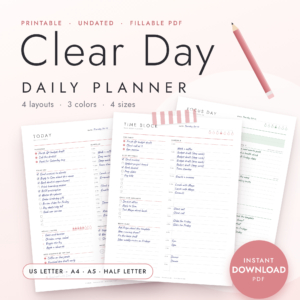 Clear Day daily planner printable set overview