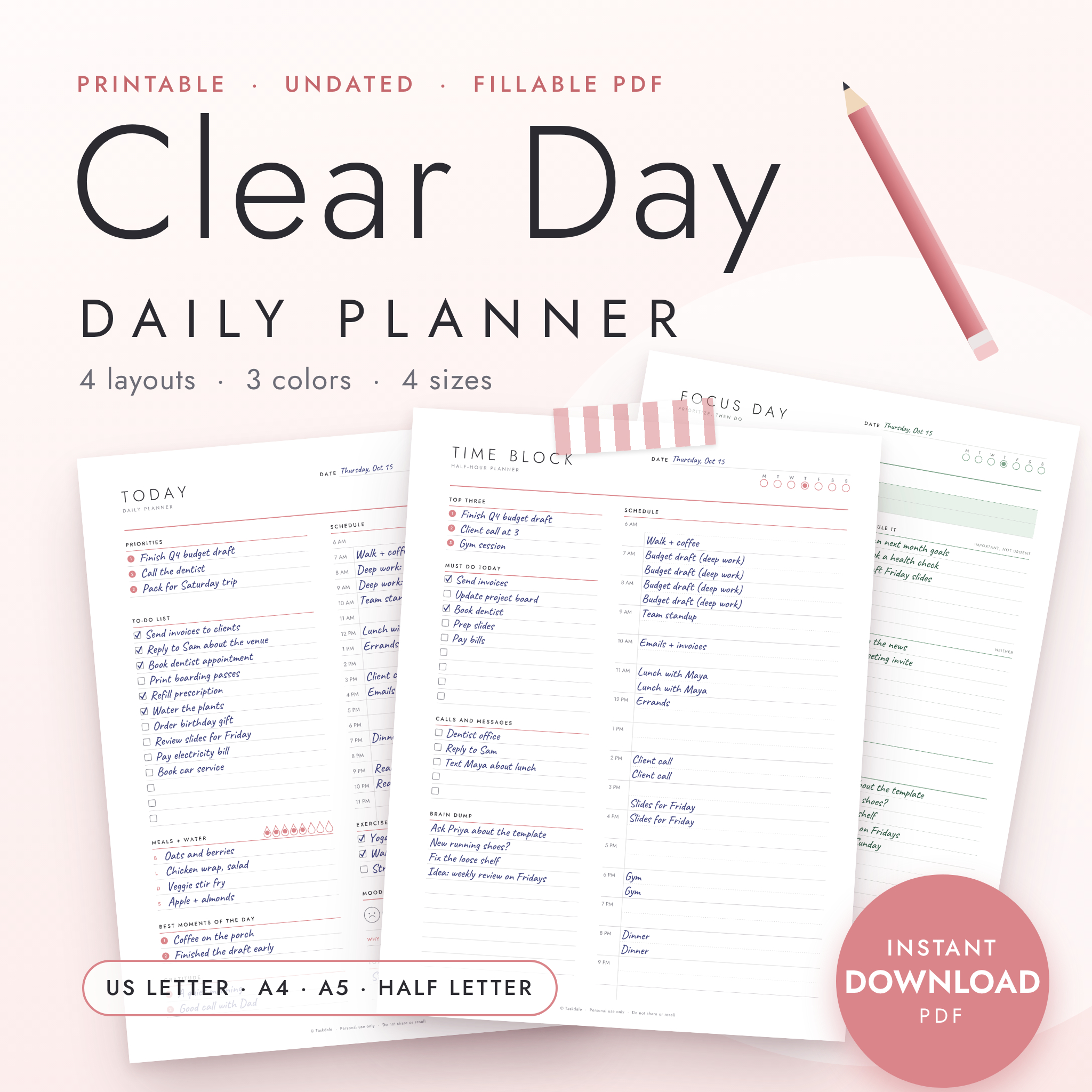 Clear Day daily planner printable set overview