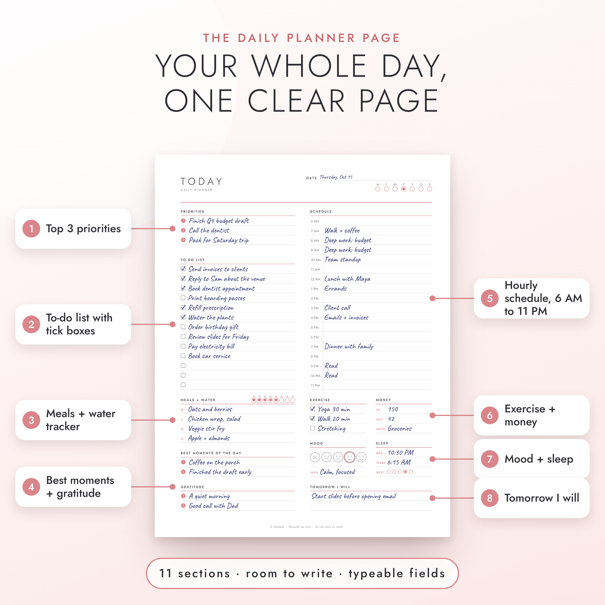 Daily planner page features: priorities, to-do list, schedule, meals, mood and sleep