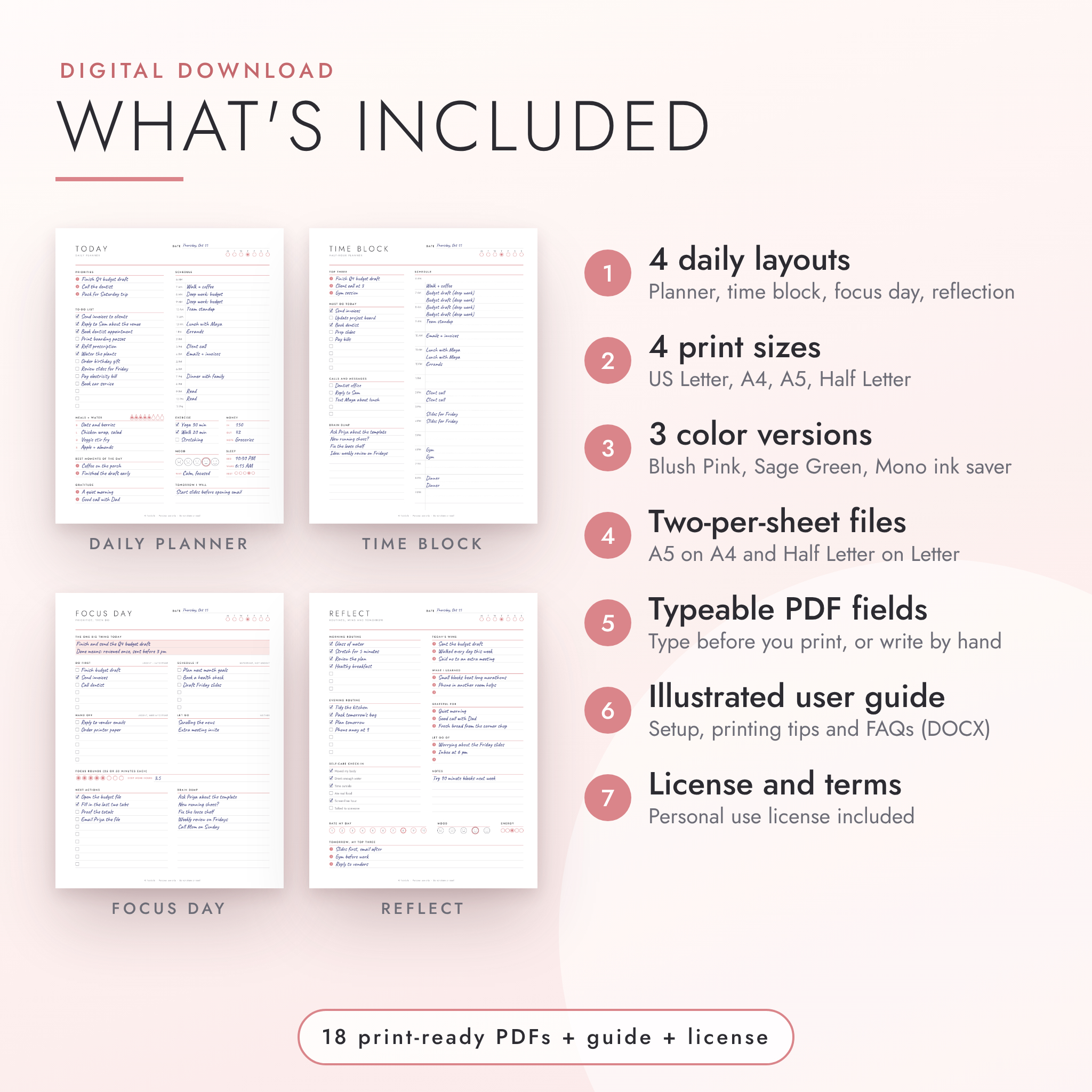 What is included: four layouts, four sizes, three colors and user guide