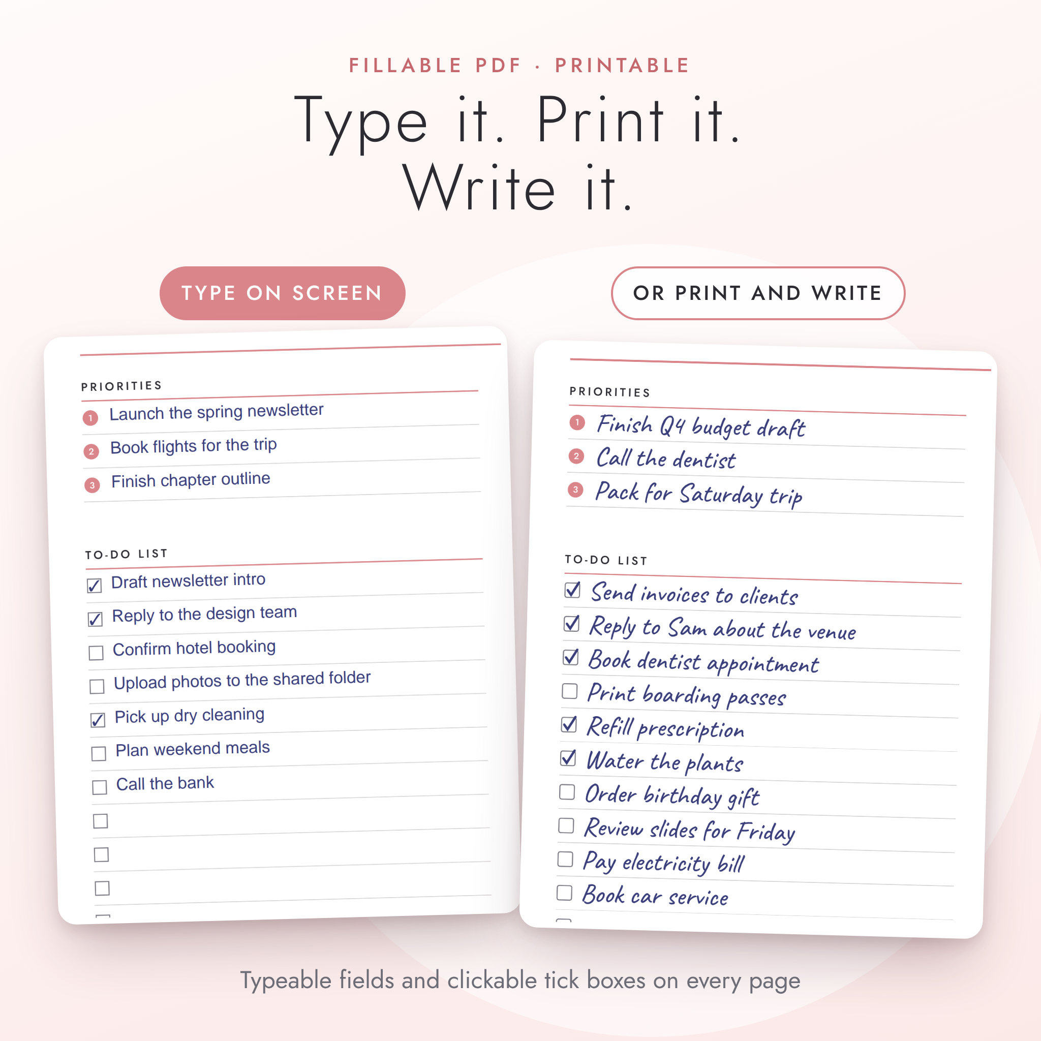 Fillable PDF daily planner typed on screen next to handwritten version