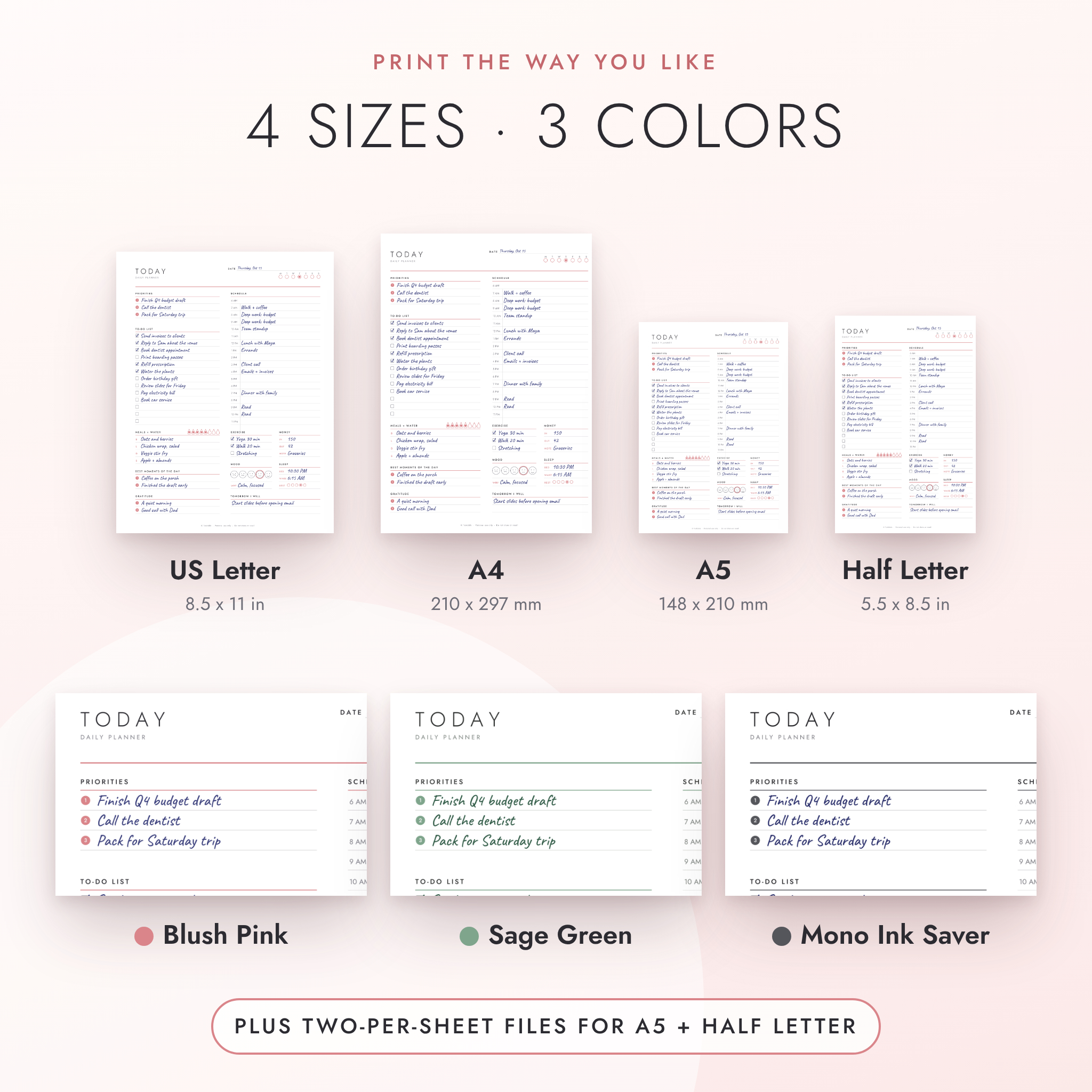 Planner sizes US Letter A4 A5 Half Letter and Blush Sage Mono colors
