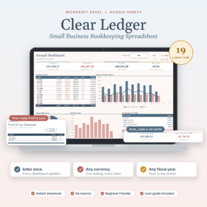 Clear Ledger small business bookkeeping spreadsheet for Excel and Google Sheets