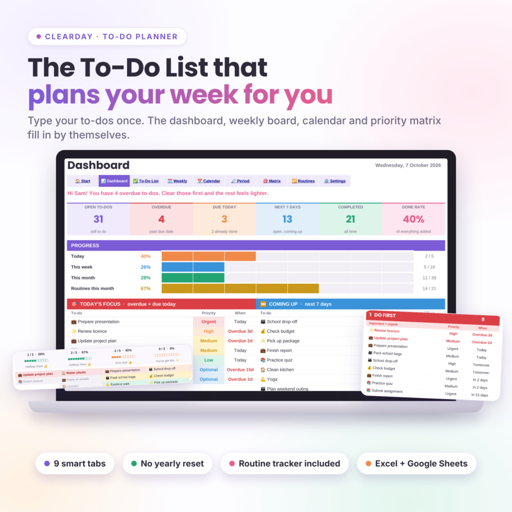 Clearday To-Do Planner spreadsheet dashboard shown on a laptop, Excel and Google Sheets