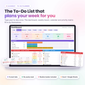 Clearday To-Do Planner spreadsheet dashboard shown on a laptop, Excel and Google Sheets