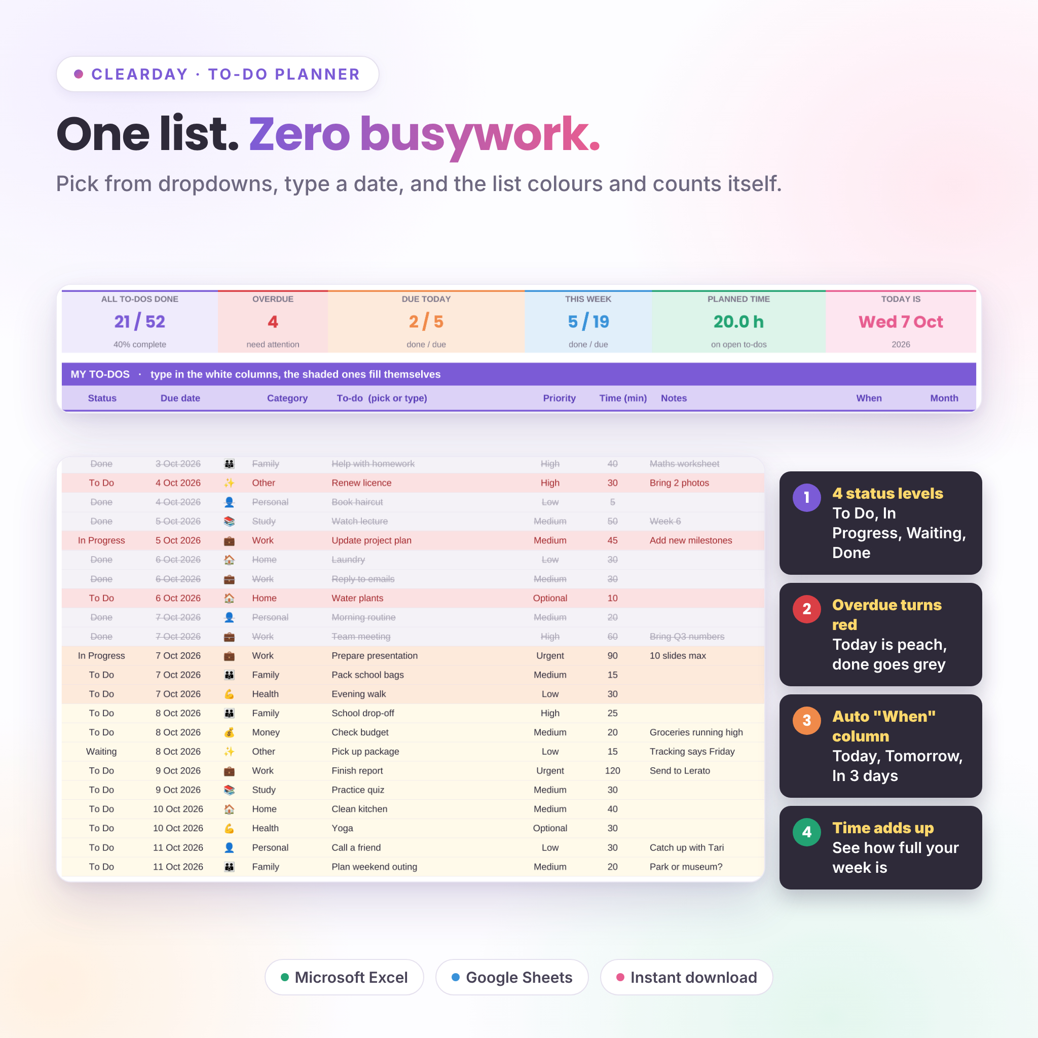 Clearday to-do list spreadsheet with automatic colour-coded rows and status dropdowns