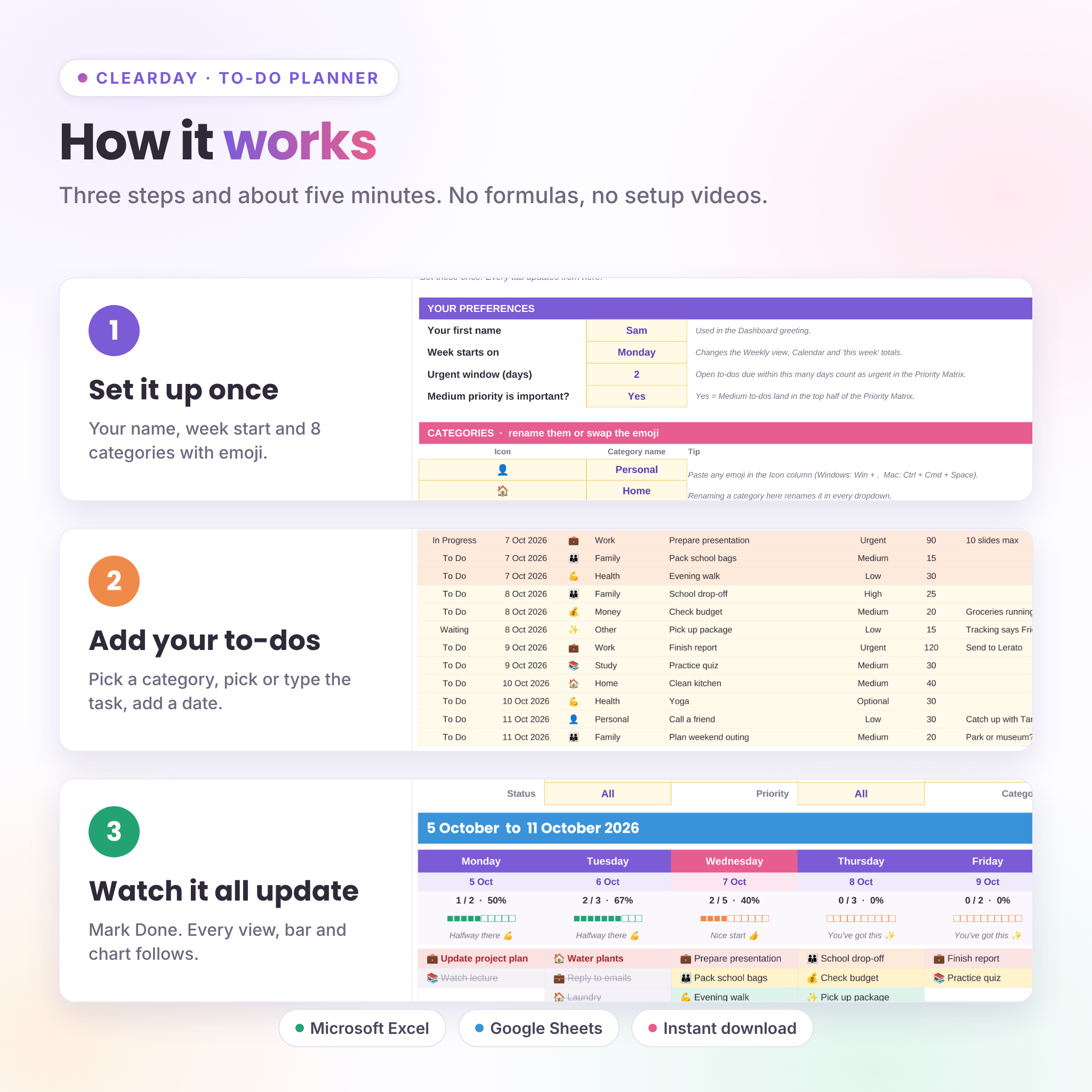 How the Clearday to-do planner works in three steps
