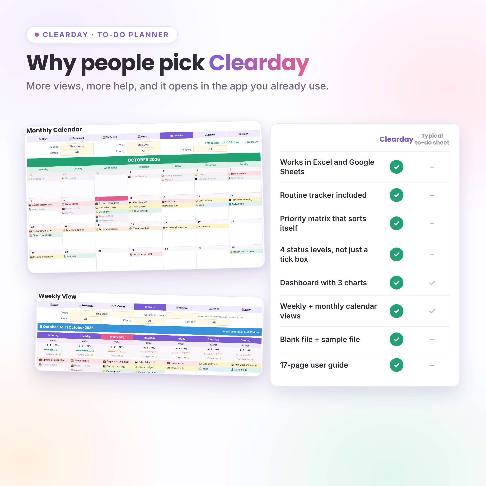 Clearday to-do planner weekly view and monthly calendar compared with a basic to-do sheet