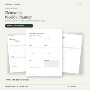 Clearweek Weekly Planner printable and editable Word kit, showing weekly, daily and project pages