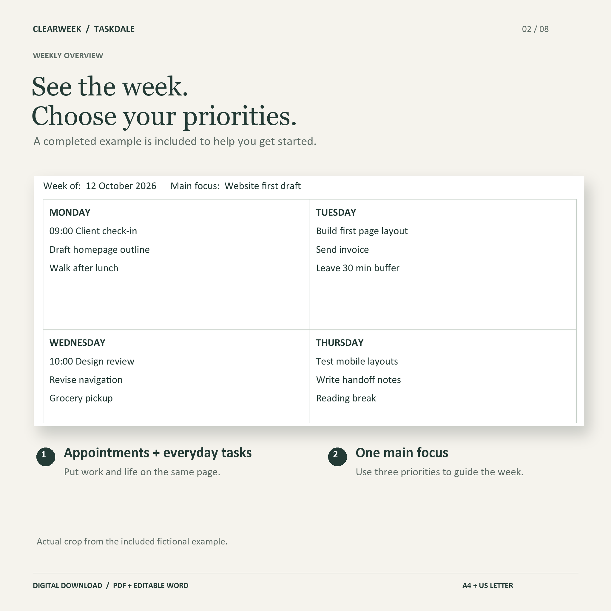 Completed Clearweek weekly example with appointments, everyday tasks and three priorities