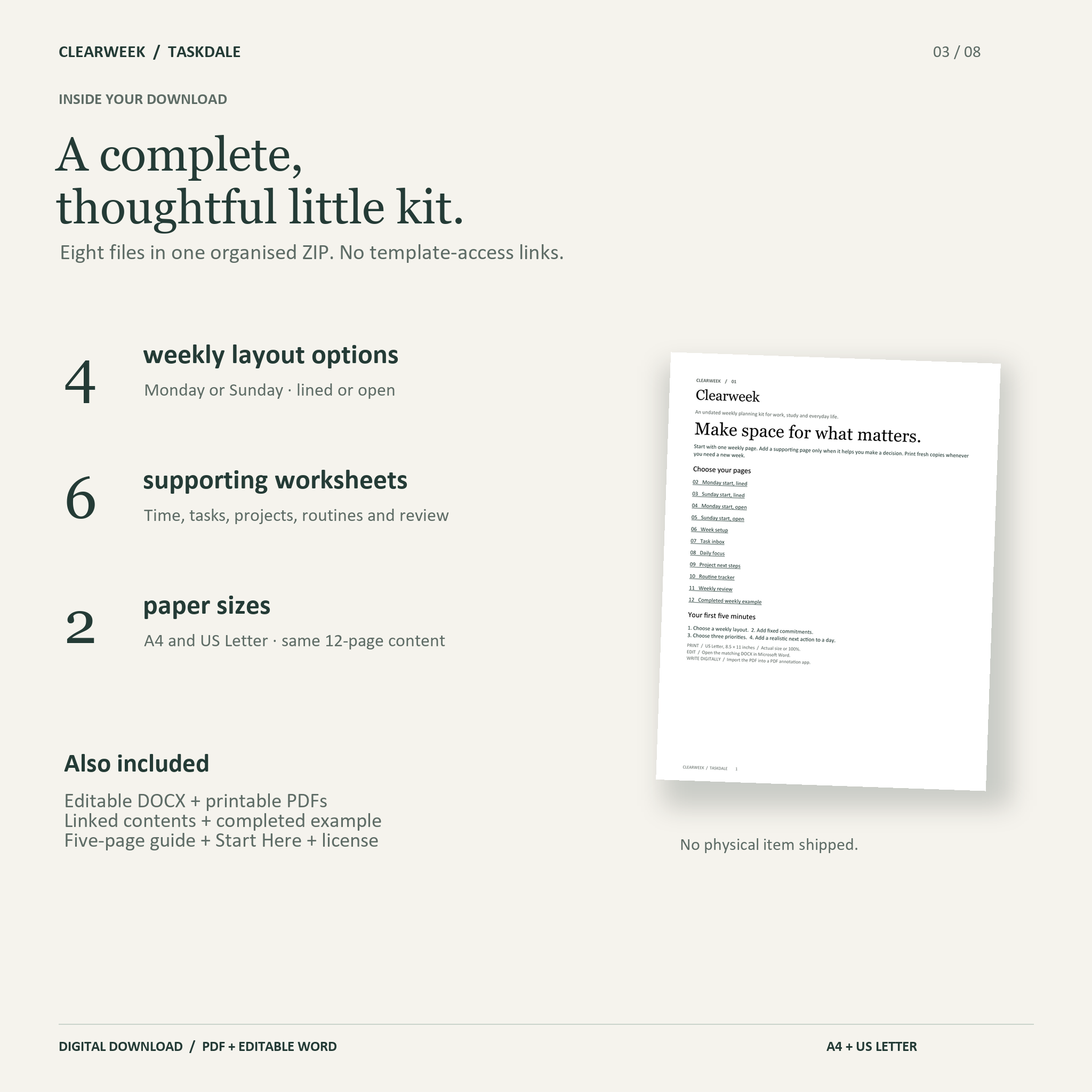 Clearweek download contents: four weekly layouts, six supporting worksheets and two paper sizes