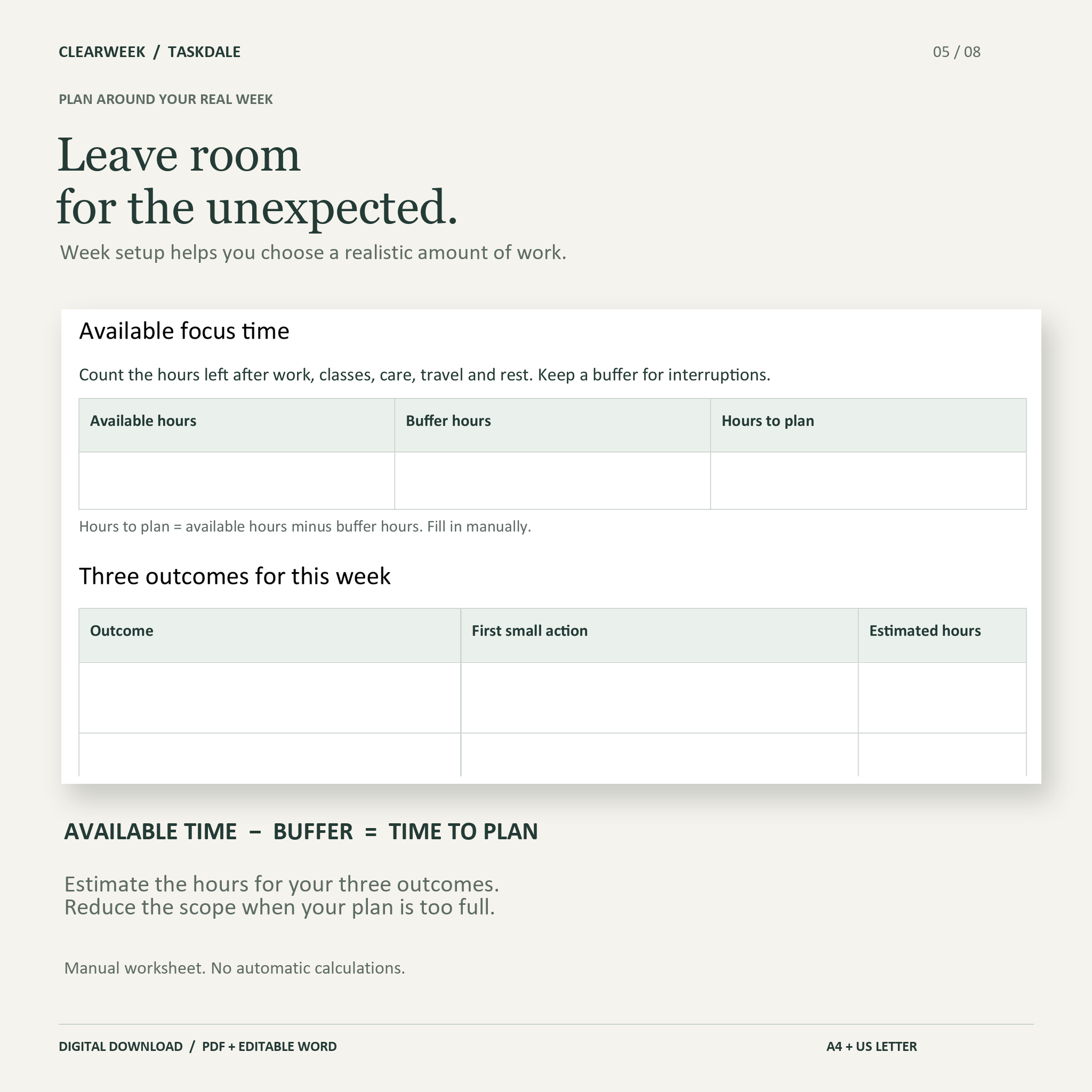 Clearweek week setup worksheet for available time, buffer and three outcomes; manual calculations