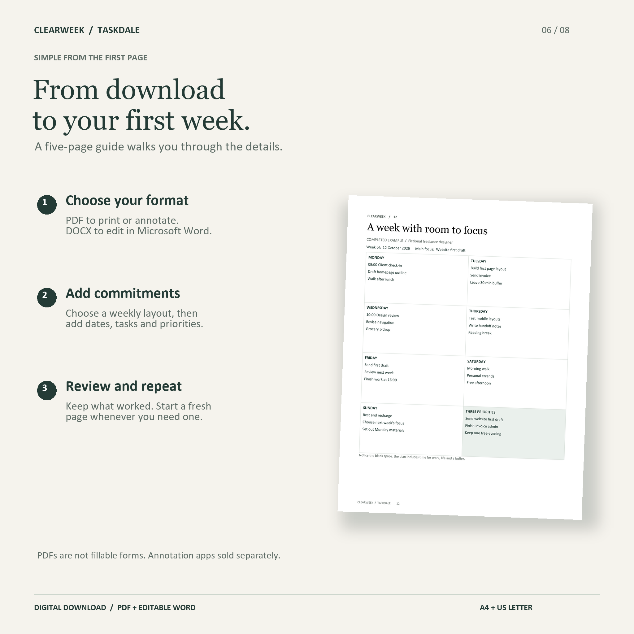 Three steps to use Clearweek: choose a format, add commitments, review and repeat
