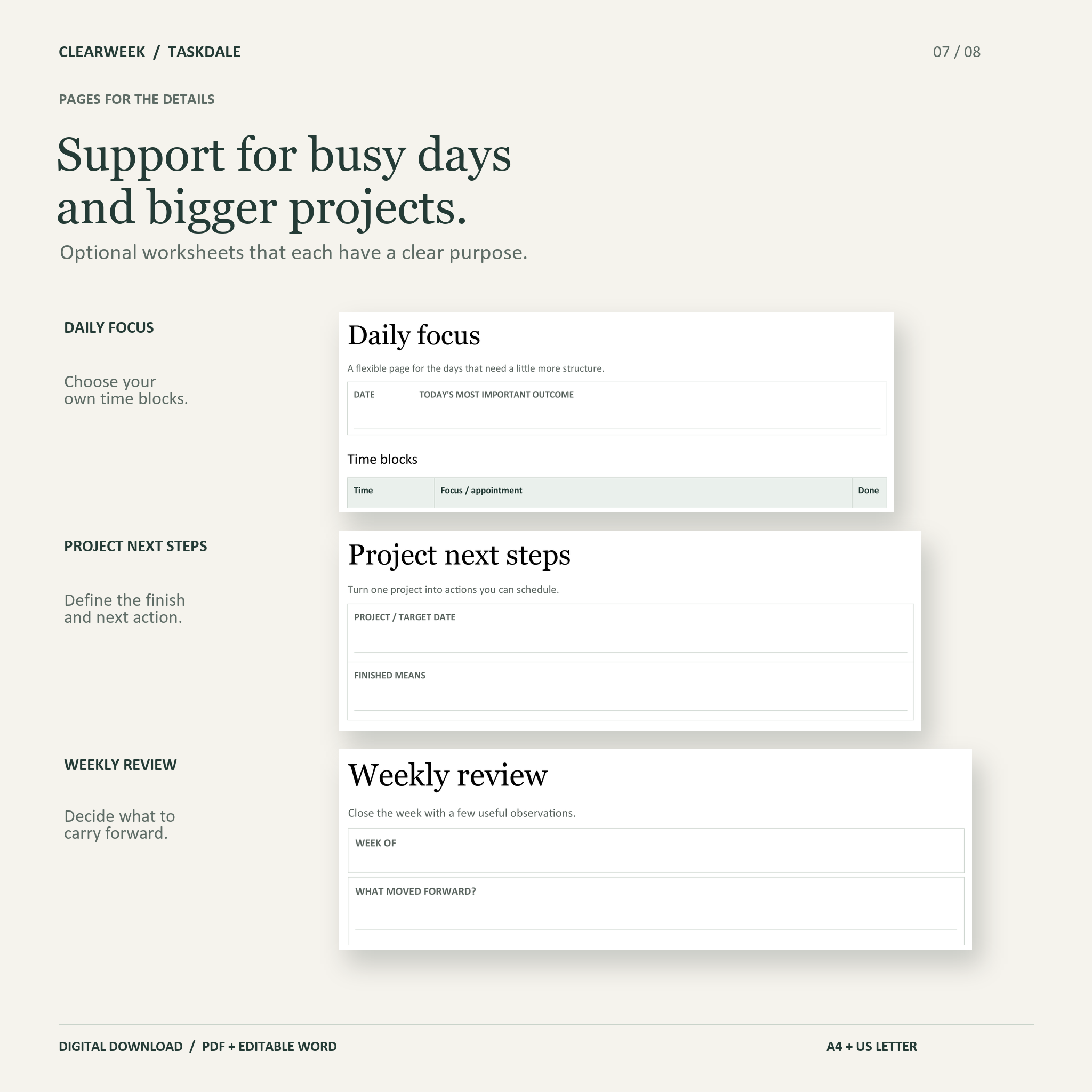 Clearweek daily focus, project next steps and weekly review worksheet details