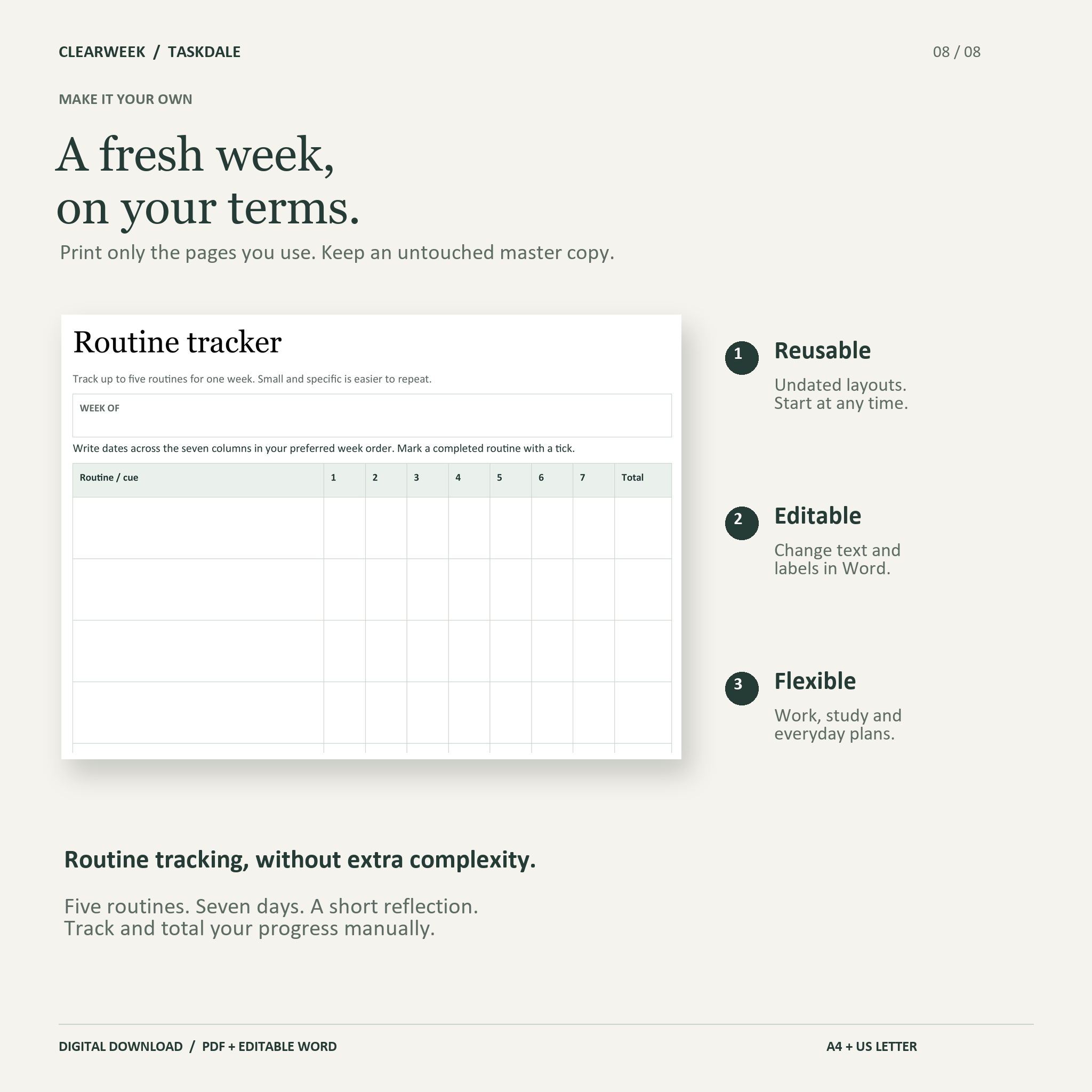 Clearweek routine tracker with five routines and seven days; reusable editable planning pages