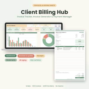 Client Billing Hub invoice tracker spreadsheet with dashboard and printable invoice