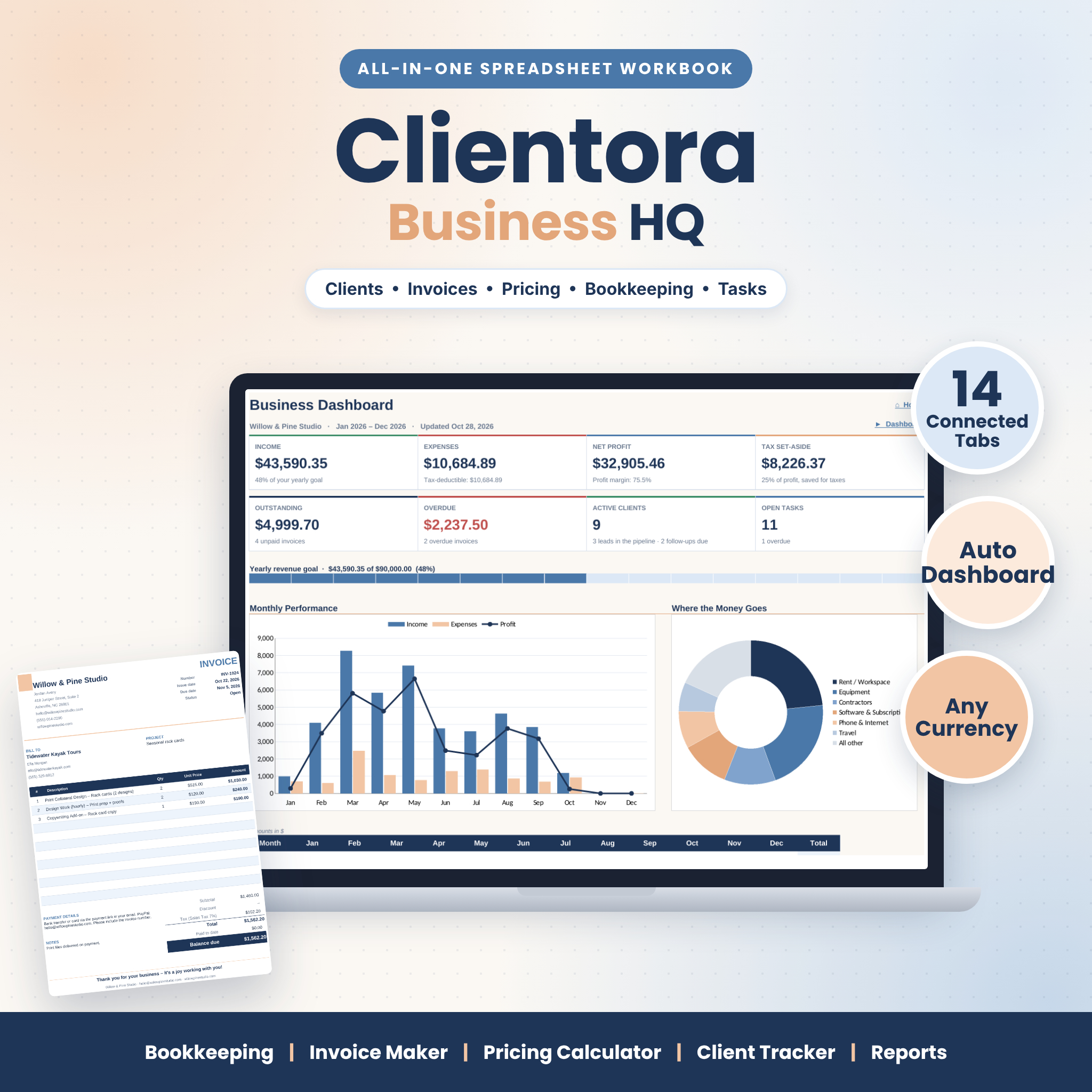 Clientora Business HQ small business spreadsheet – dashboard and invoice mockup