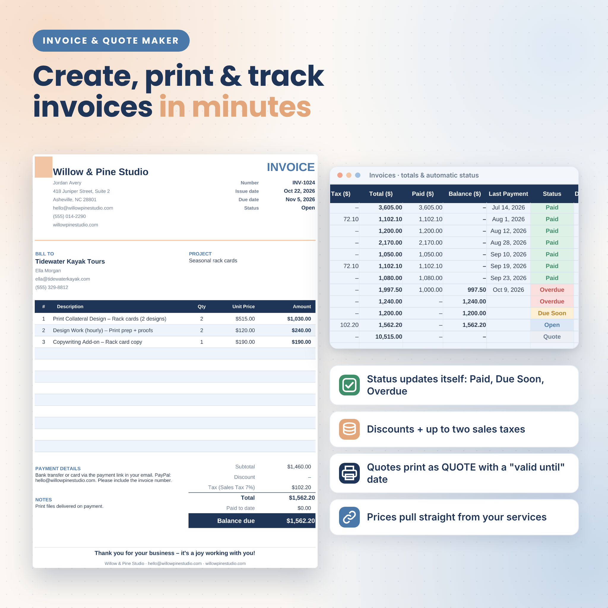 Clientora Business HQ invoice and quote maker with automatic invoice status
