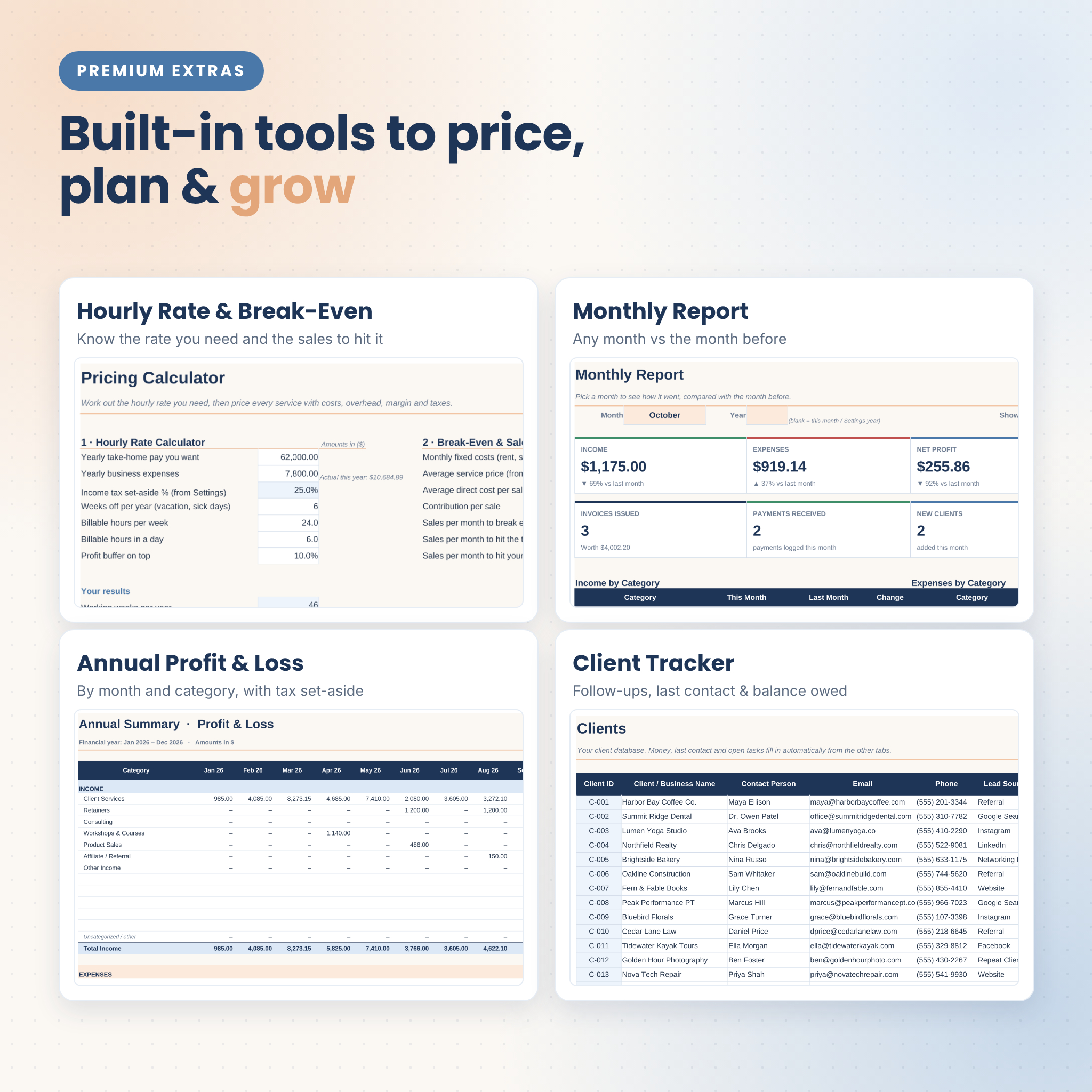 Clientora Business HQ pricing calculator, monthly report, annual profit and loss and client tracker