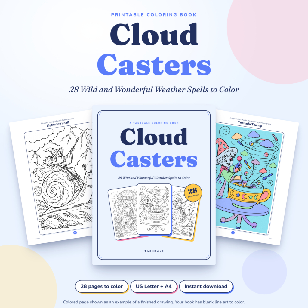 Cloud Casters printable coloring book hero image with the cover and two sample pages