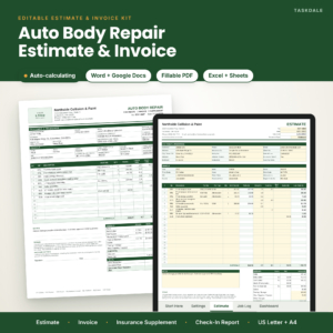 Auto body repair estimate and invoice template kit for Word, PDF and Excel