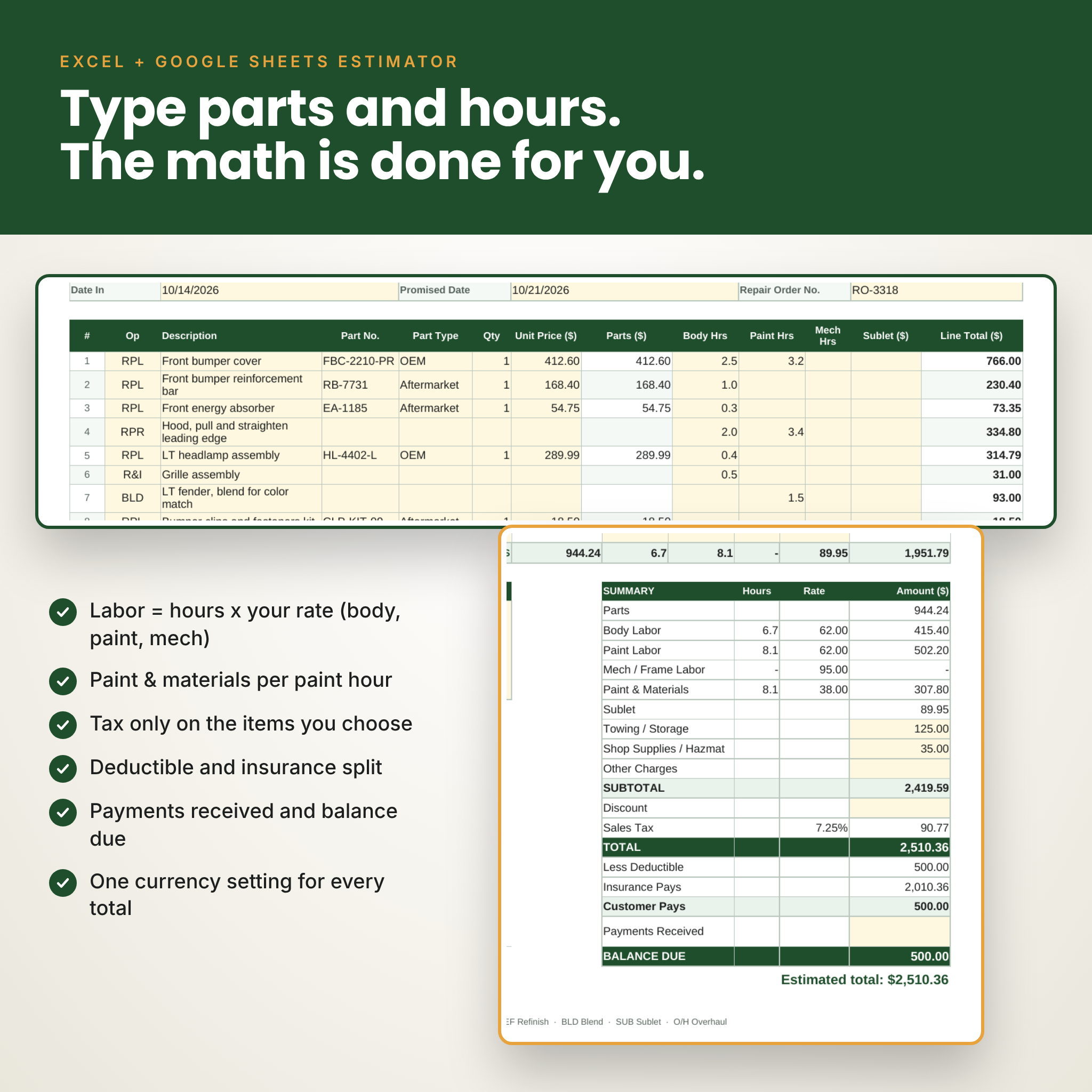 Auto-calculating body shop estimate in Excel and Google Sheets