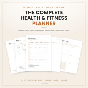 Complete health and fitness planner with 102 undated printable pages in four paper sizes