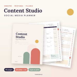 Content Studio social media planner printable: cover, filled January content calendar and weekly planner