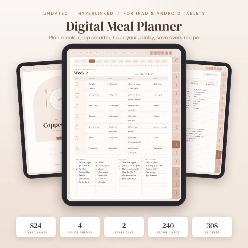 Copper Kettle digital meal planner on iPad showing a filled weekly meal plan