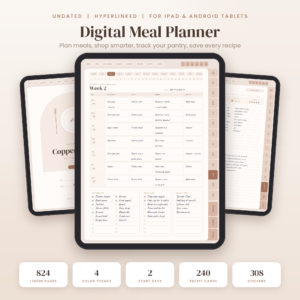 Copper Kettle digital meal planner on iPad showing a filled weekly meal plan