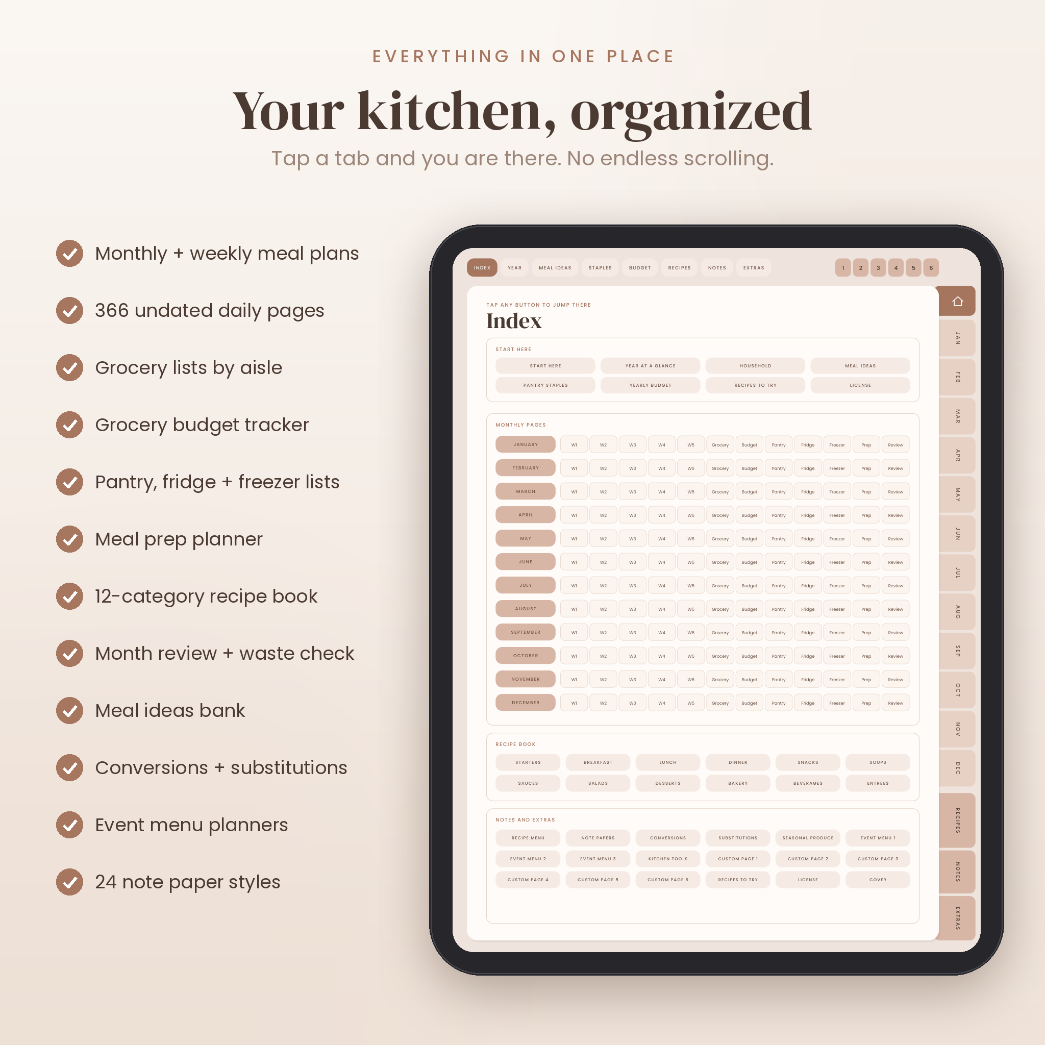 Hyperlinked index page of the Copper Kettle digital meal planner with feature list