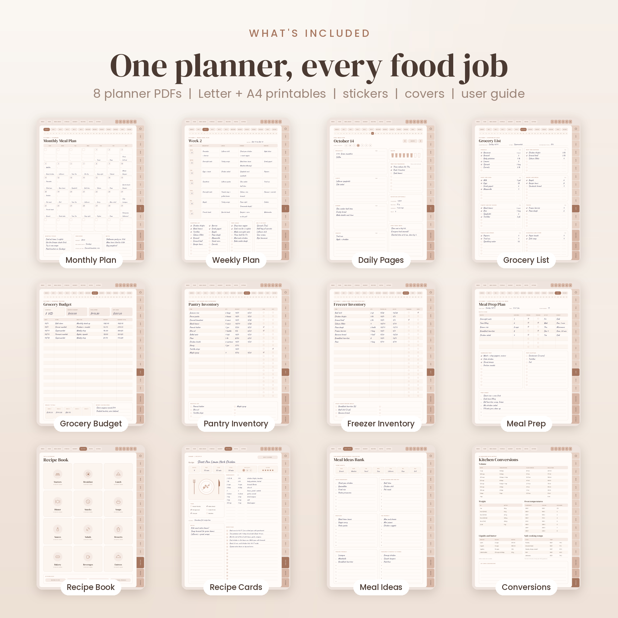 Pages included in the digital meal planner: monthly, weekly, daily, grocery, budget, inventory, recipes