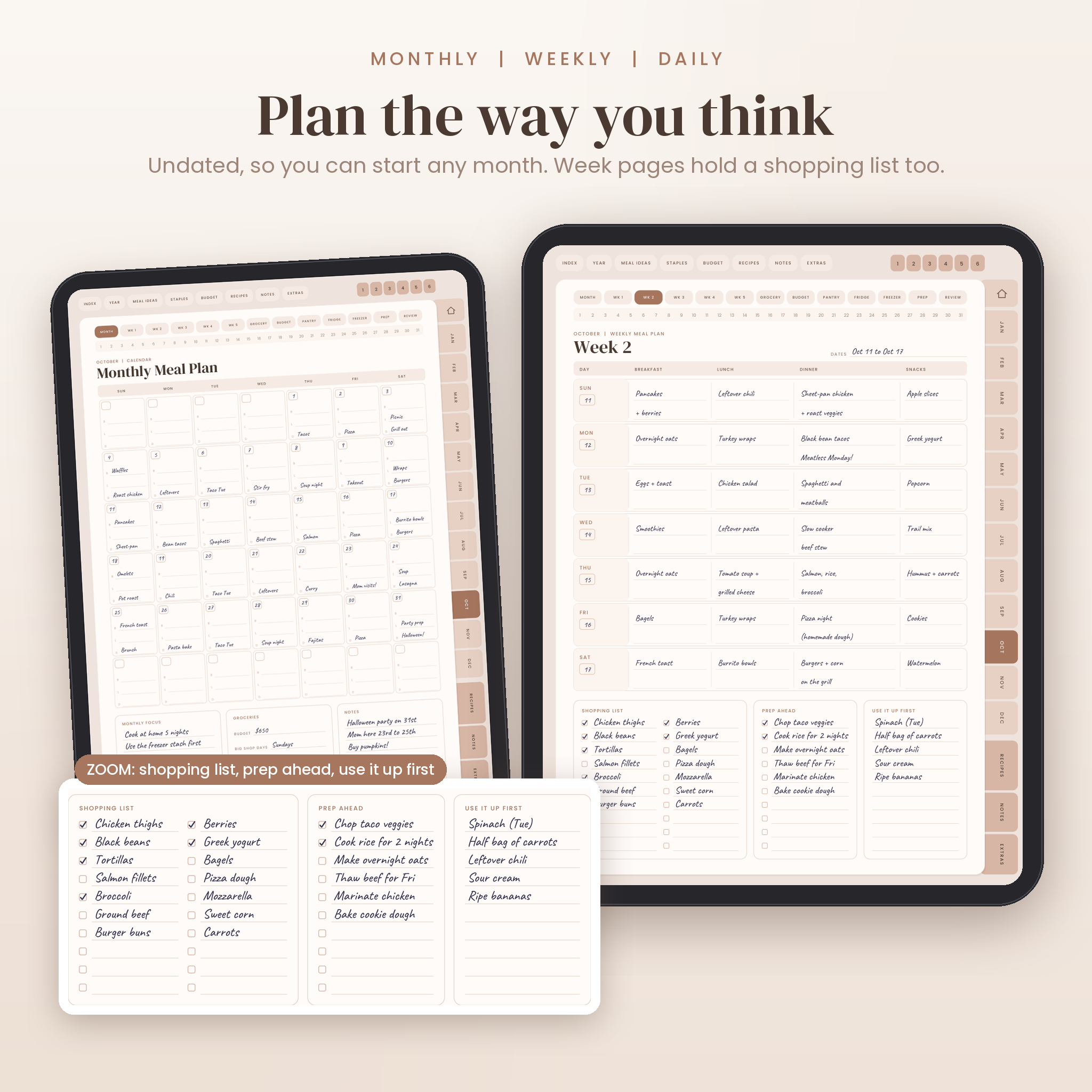 Monthly meal plan calendar and weekly meal plan with shopping list