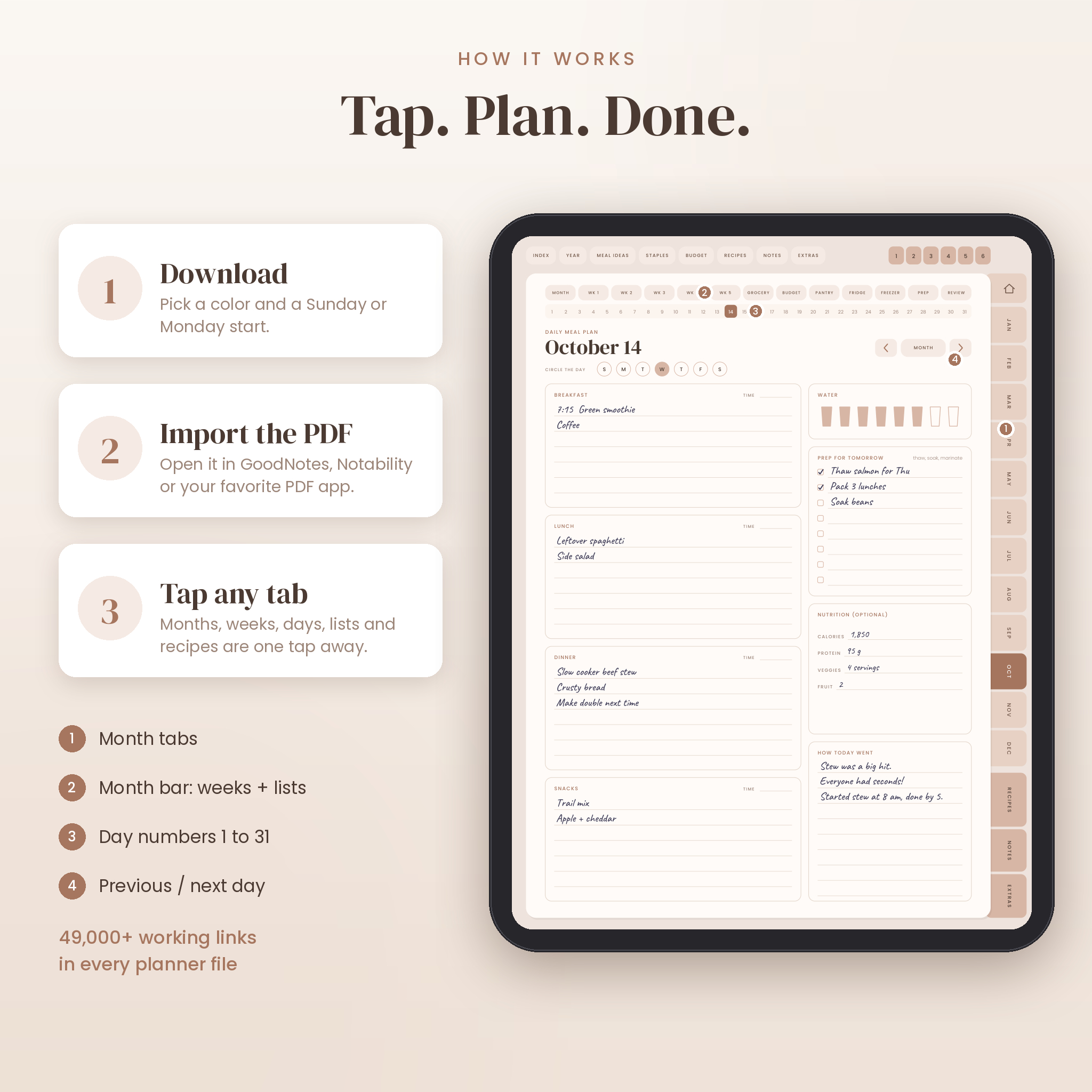 How the hyperlinked digital meal planner works: download, import, tap any tab