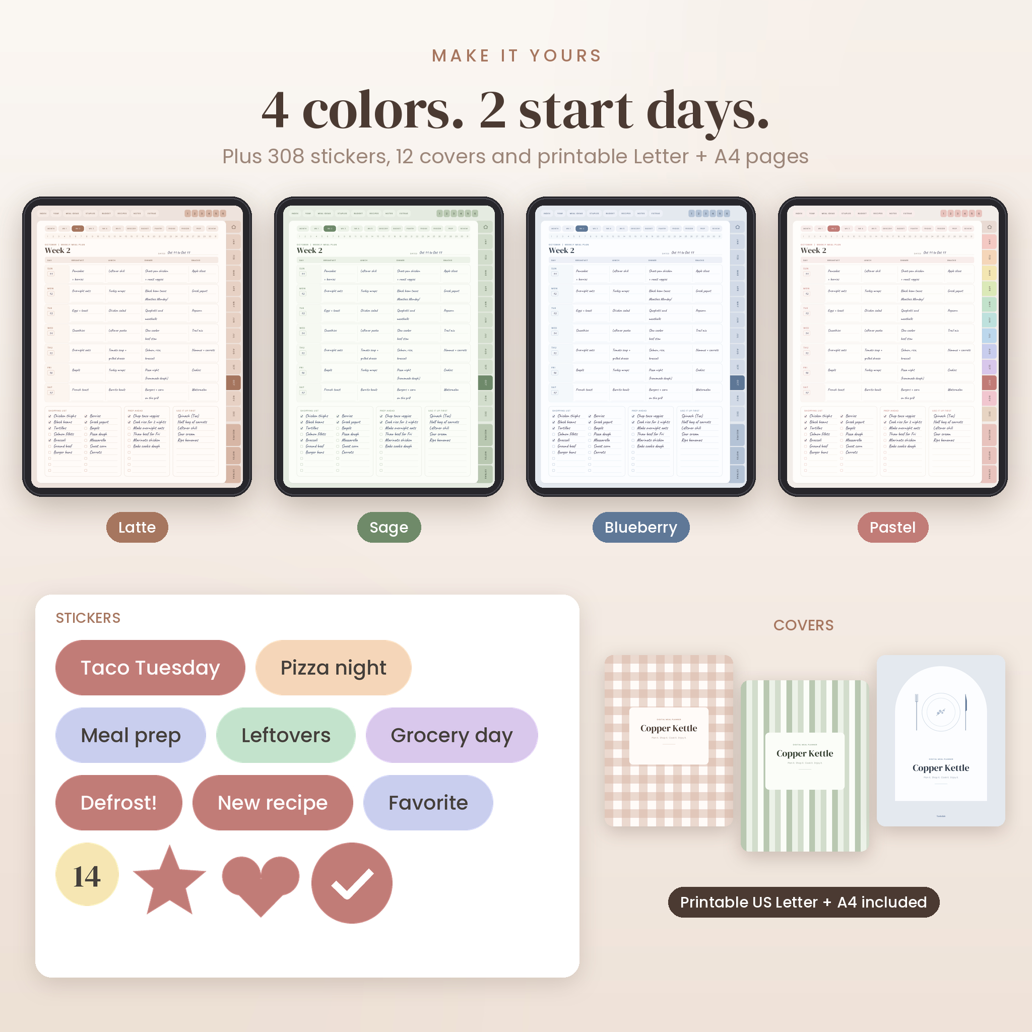 Four color themes, digital stickers and planner covers