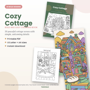 Cozy Cottage printable coloring book with 30 bold and easy designs